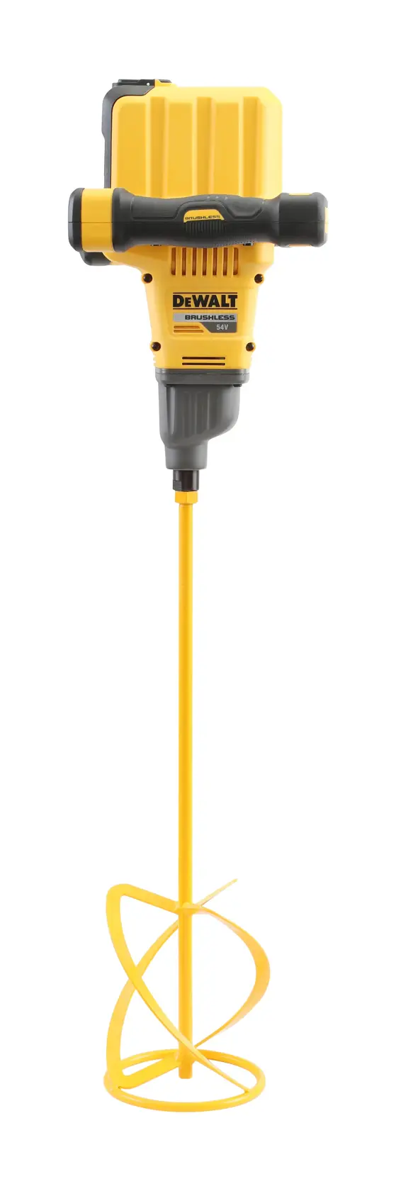 DEWALT cordless mixer with yellow handle and mixing paddle, shown on a white background.