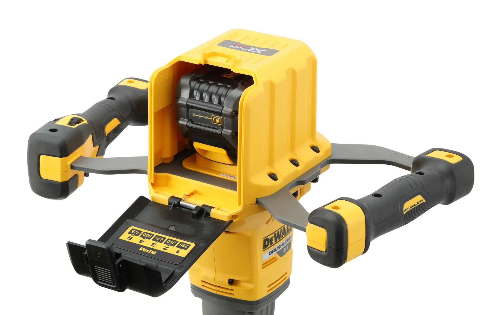 DEWALT DCD240X2 mixer tool with dual handles and opened battery compartment, shown close-up.