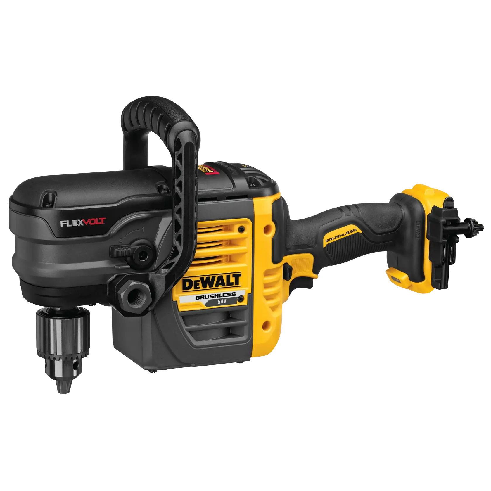 DEWALT DCD460N cordless brushless drill with handle, yellow and black, side view.