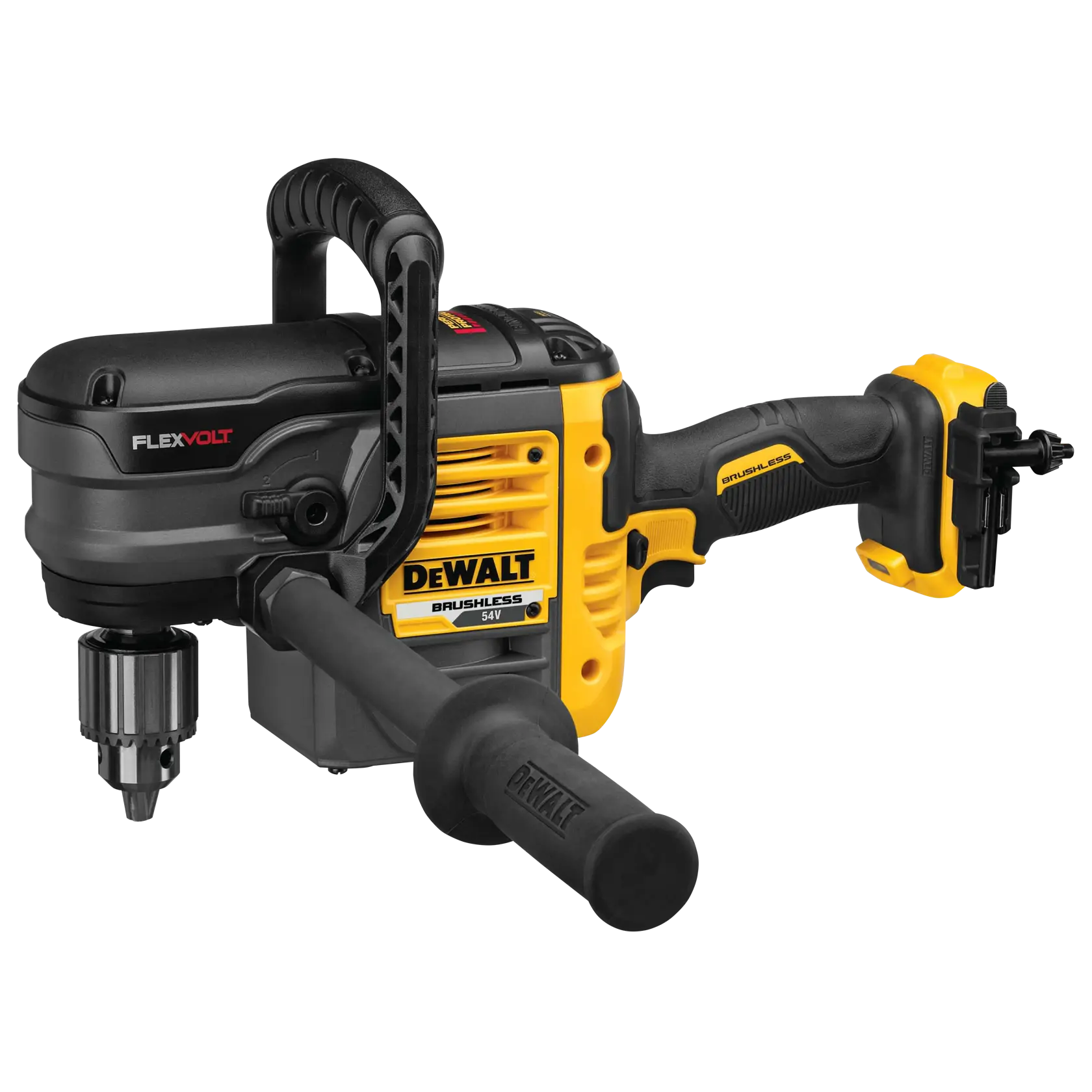 DEWALT DCD460N cordless drill with side handle, yellow and black, FLEXVOLT 54V brushless model.