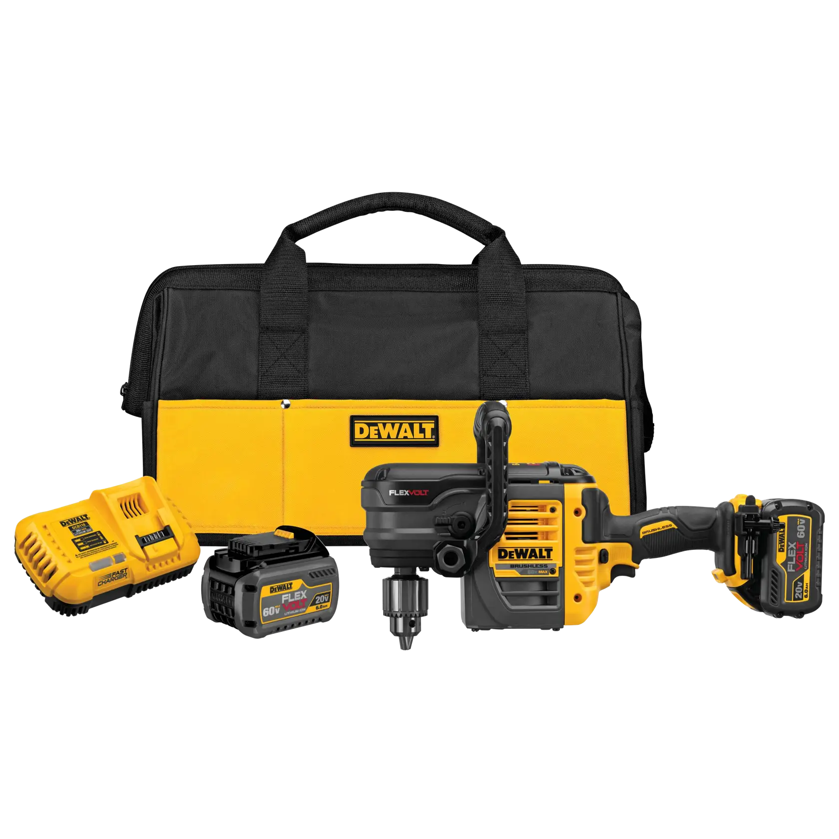 DEWALT cordless power tool kit, including a yellow and black drill with FLEXVOLT batteries, a battery charger, and a sturdy carrying bag.