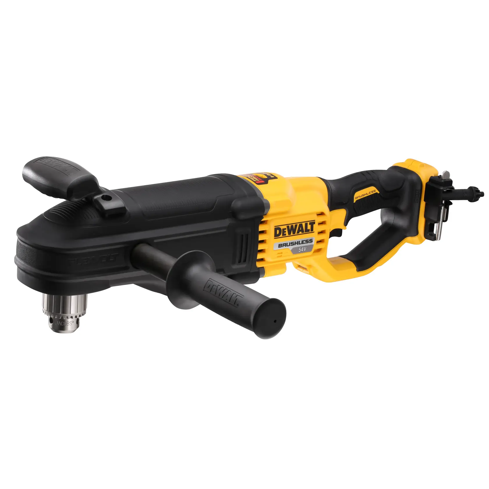 DEWALT DCD470N Akku-Brushless-Winkelbohrmaschine mit Seitengriff, gelb-schwarz.
