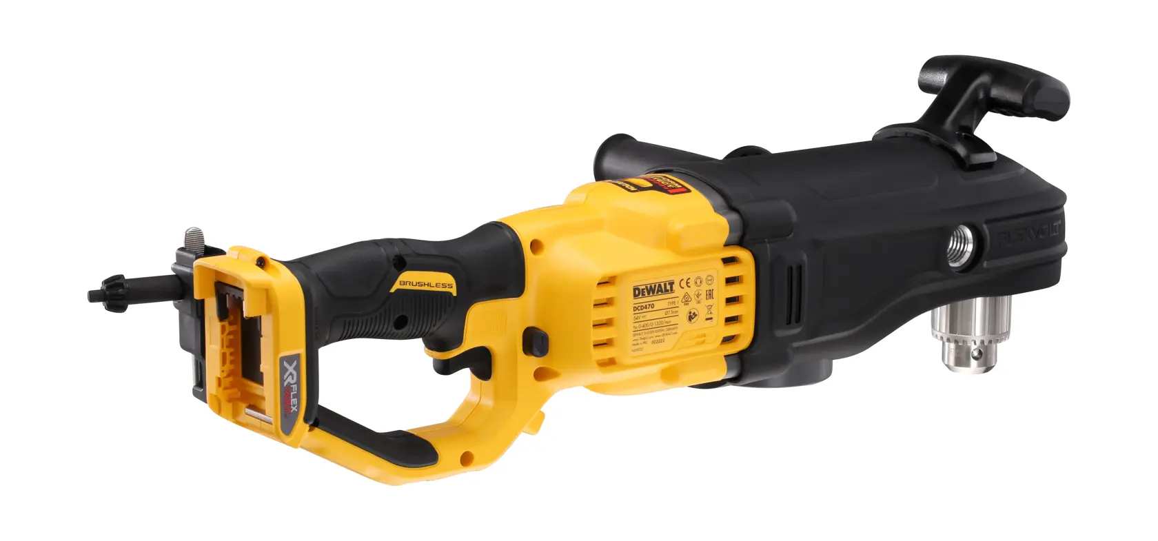 Ein DEWALT DCD470N Elektrowerkzeug, ein gelber und schwarzer kabelloser Winkelbohrer mit Seitenhandgriff und Metallspannfutter.