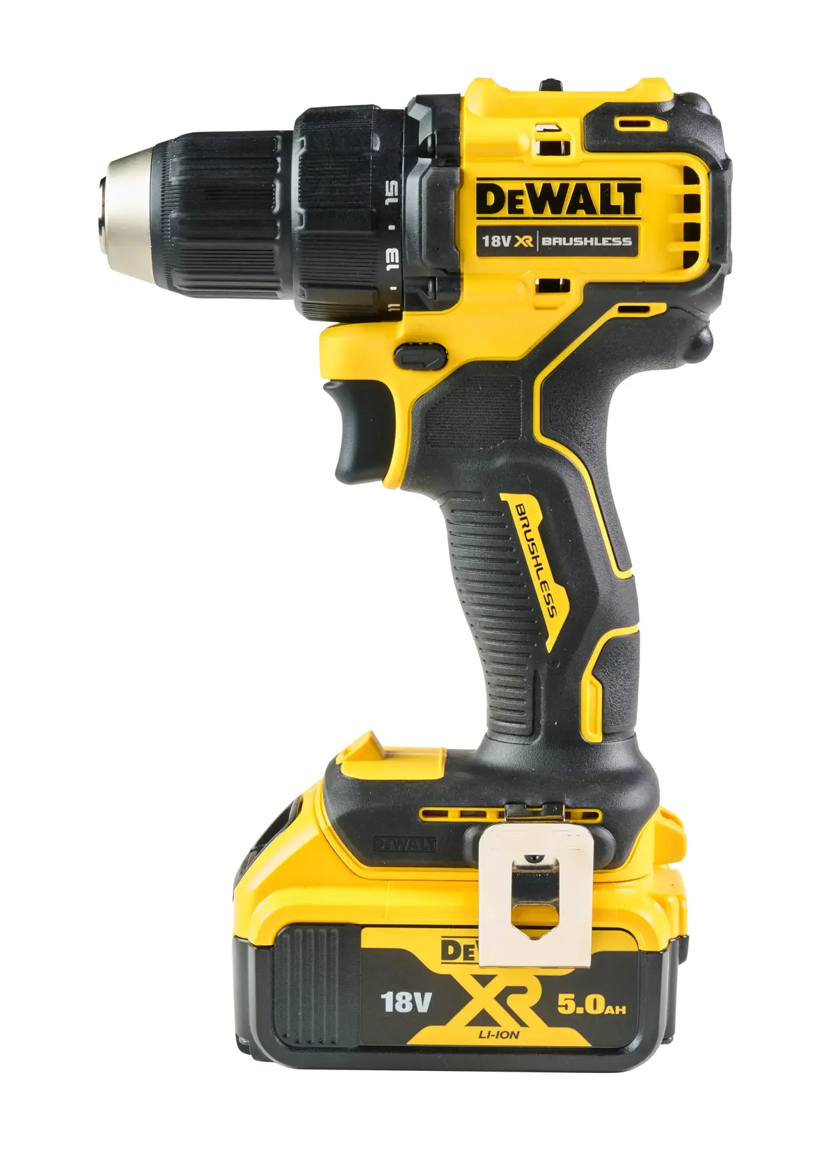 DEWALT DCD708 18V cordless drill with XR 5.0Ah battery, yellow and black, shown on white background.