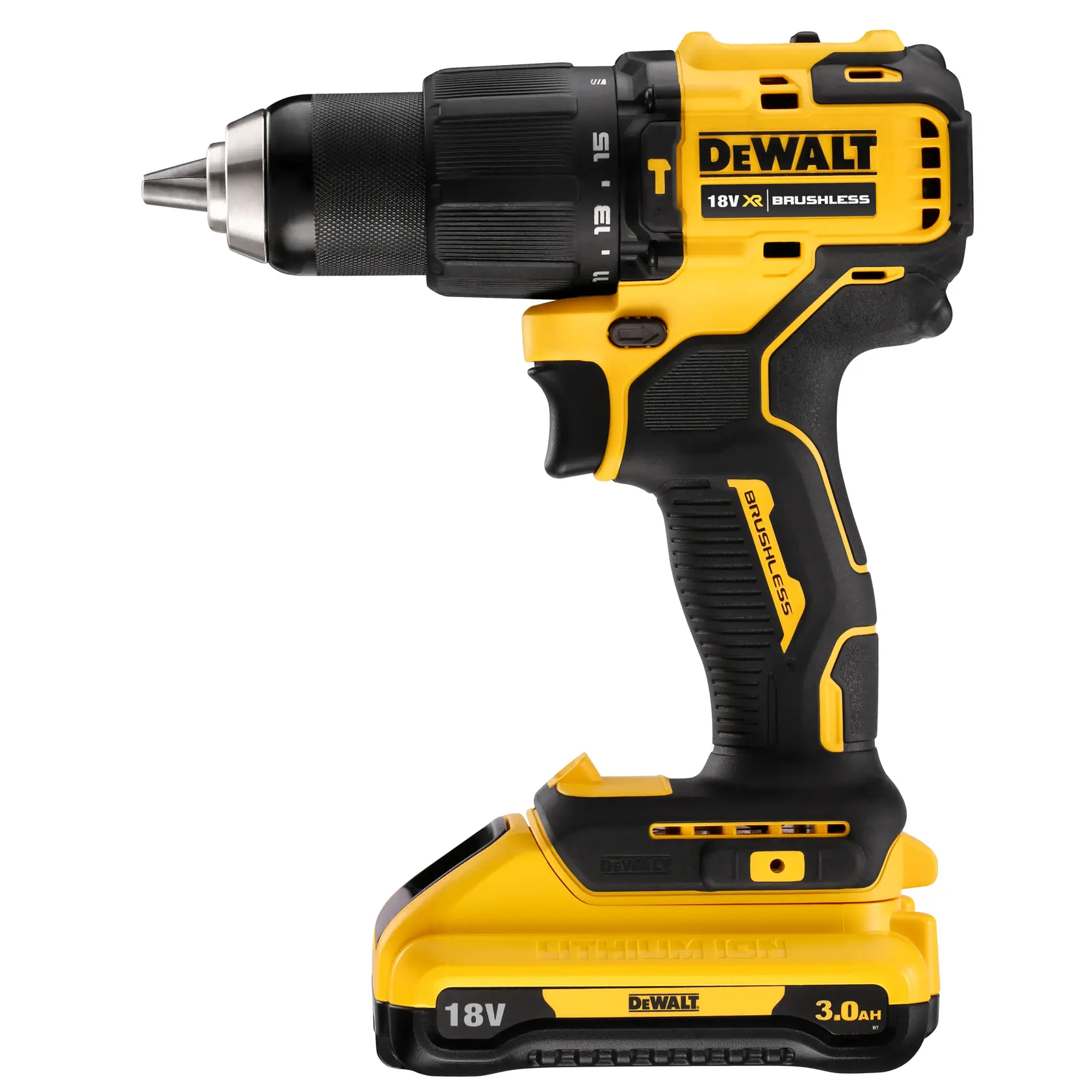 DEWALT 18V cordless drill with brushless motor and lithium-ion battery, shown from the side.