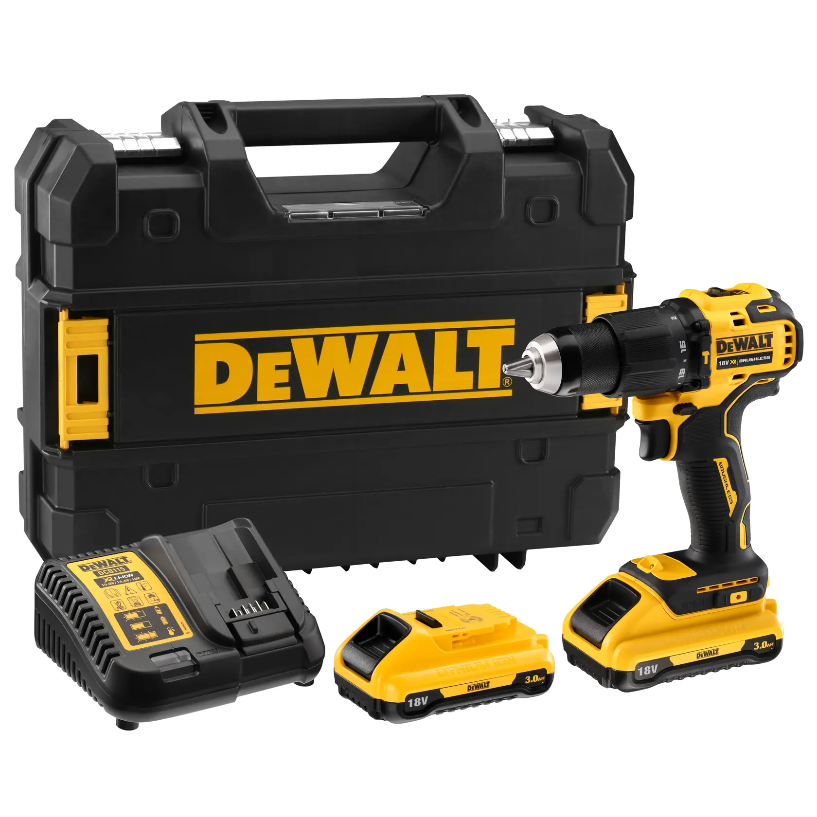 A DEWALT cordless drill kit, including a black and yellow drill, two 18V lithium-ion batteries, a battery charger, and a sturdy black carrying case with a large yellow DEWALT logo.
