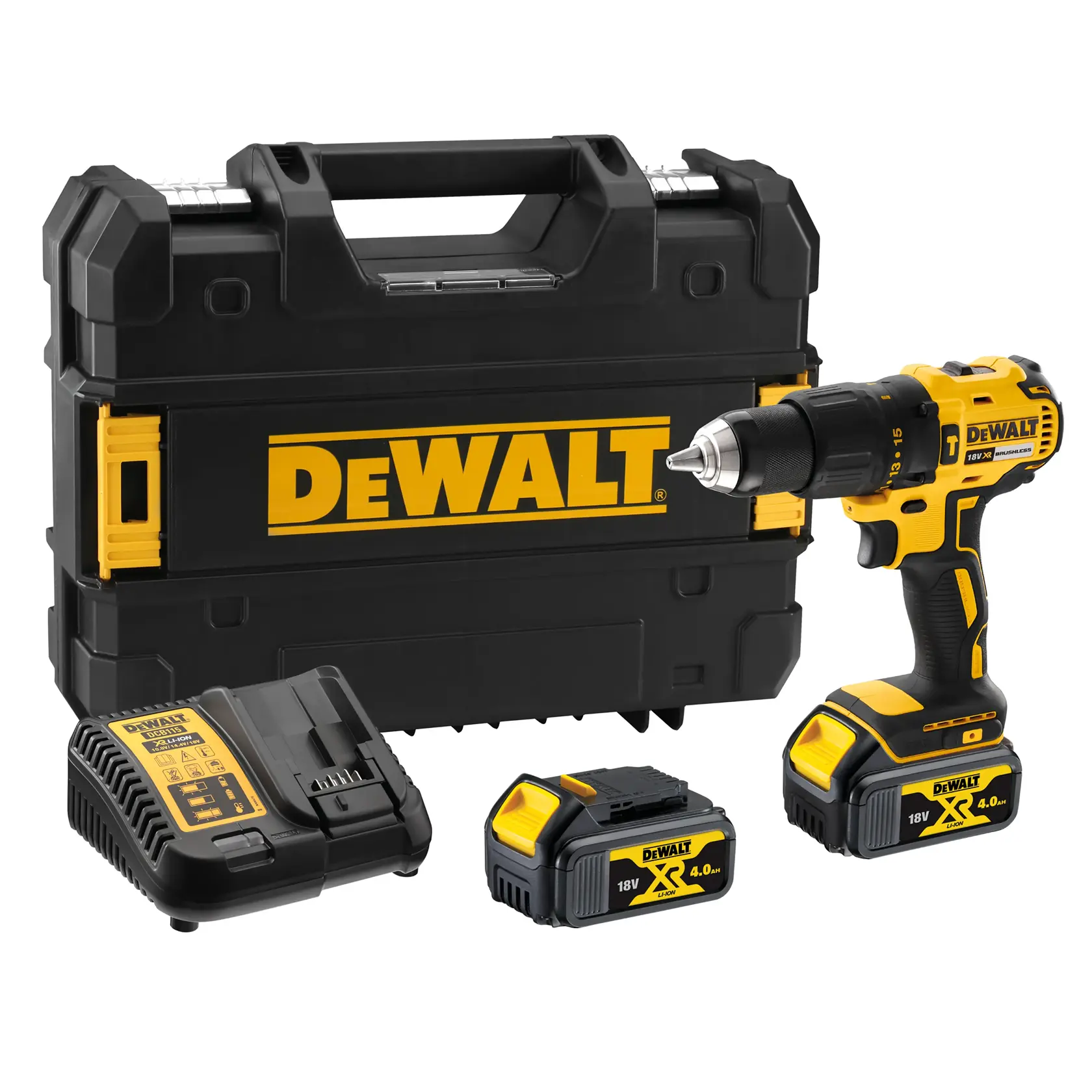 DEWALT cordless drill set including a black and yellow drill, two 18V 4.0Ah XR Li-Ion batteries, a battery charger, and a sturdy black carrying case with the DEWALT logo.
