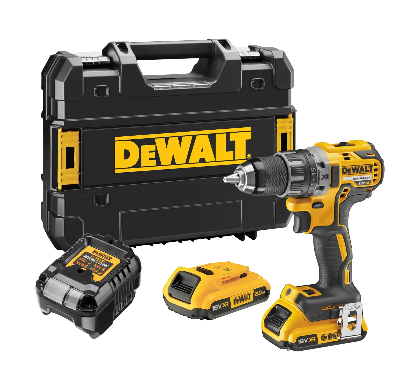 A DEWALT cordless drill set including a yellow and black power drill, two rechargeable batteries, a battery charger, and a sturdy black carrying case with the DEWALT logo.