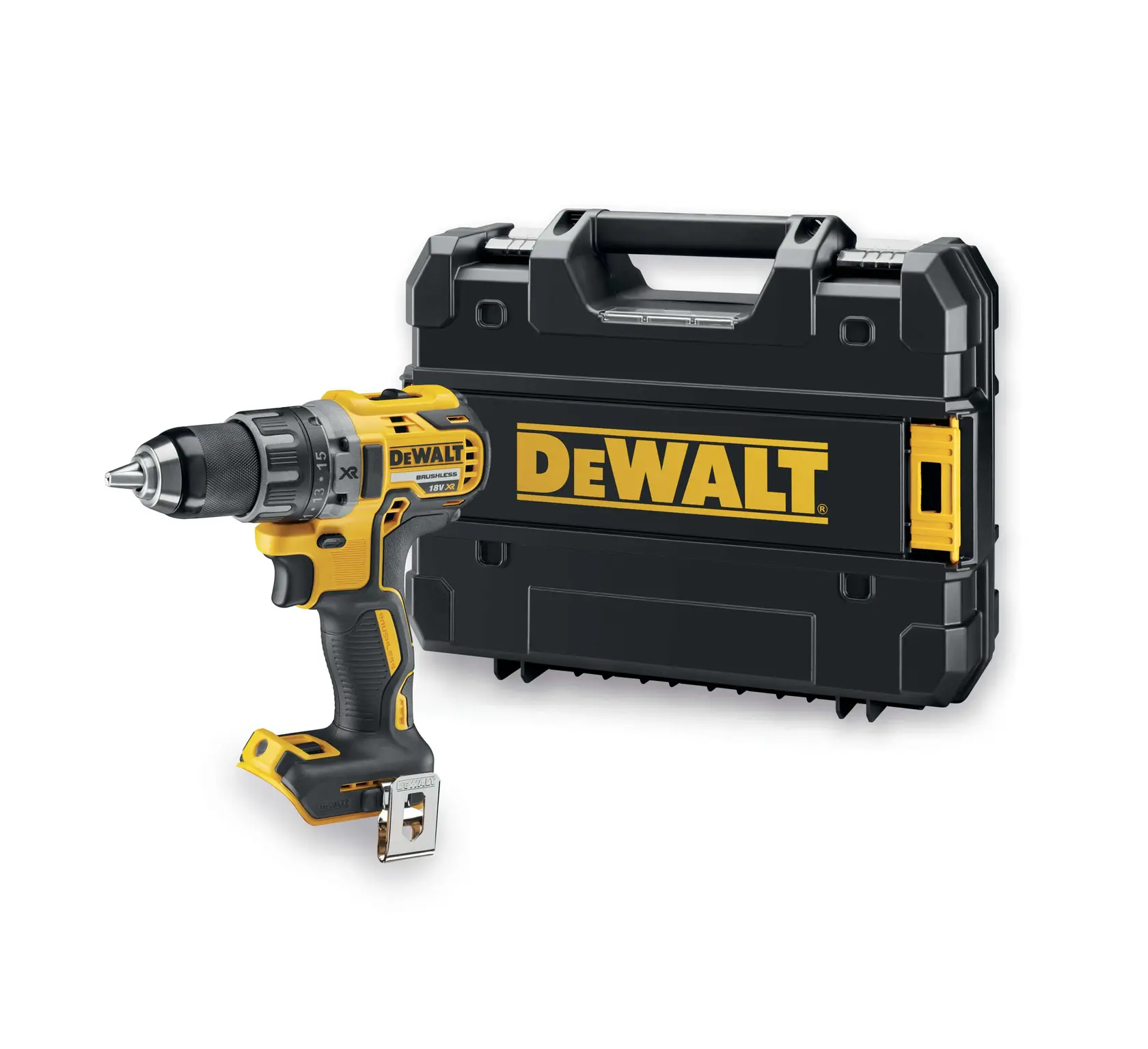 Photo of DEWALT DCD791NT cordless drill with black and yellow hard case, front angle, white background.