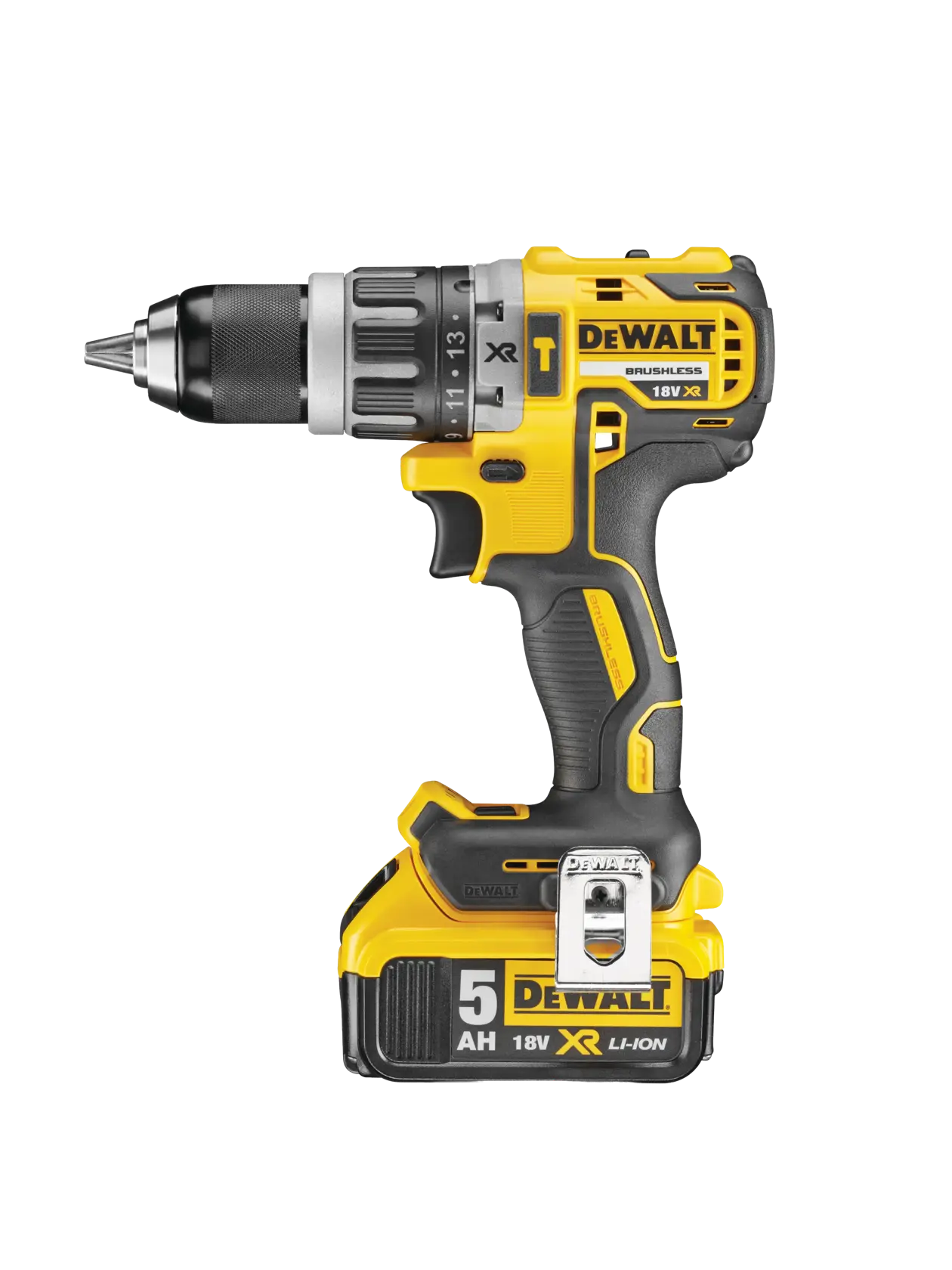 A Dewalt DCD796P2 18V XR brushless cordless drill with a yellow and black design, featuring a 5Ah lithium-ion battery attached at the bottom.