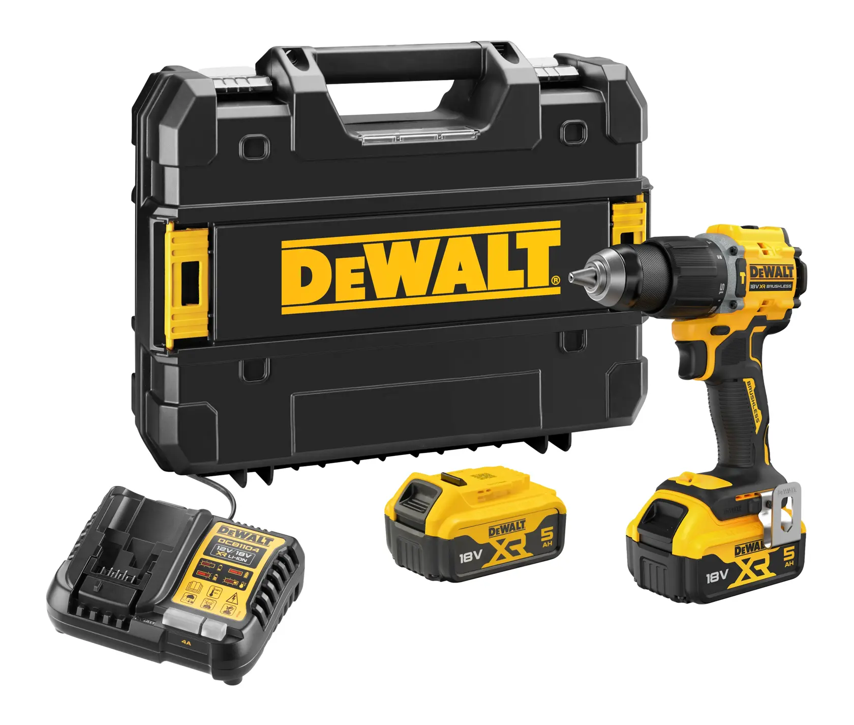 DEWALT drill set with carrying case, charger, and two 18V batteries displayed together.