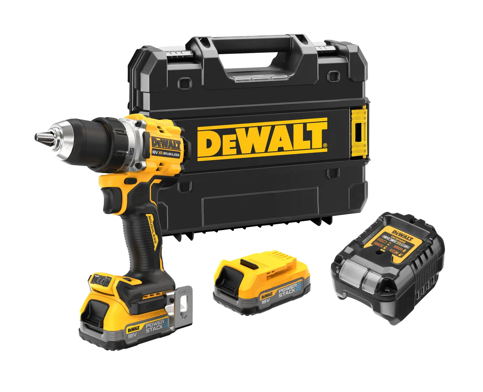 DEWALT drill kit with cordless drill, battery, charger, and black carrying case shown on white background.