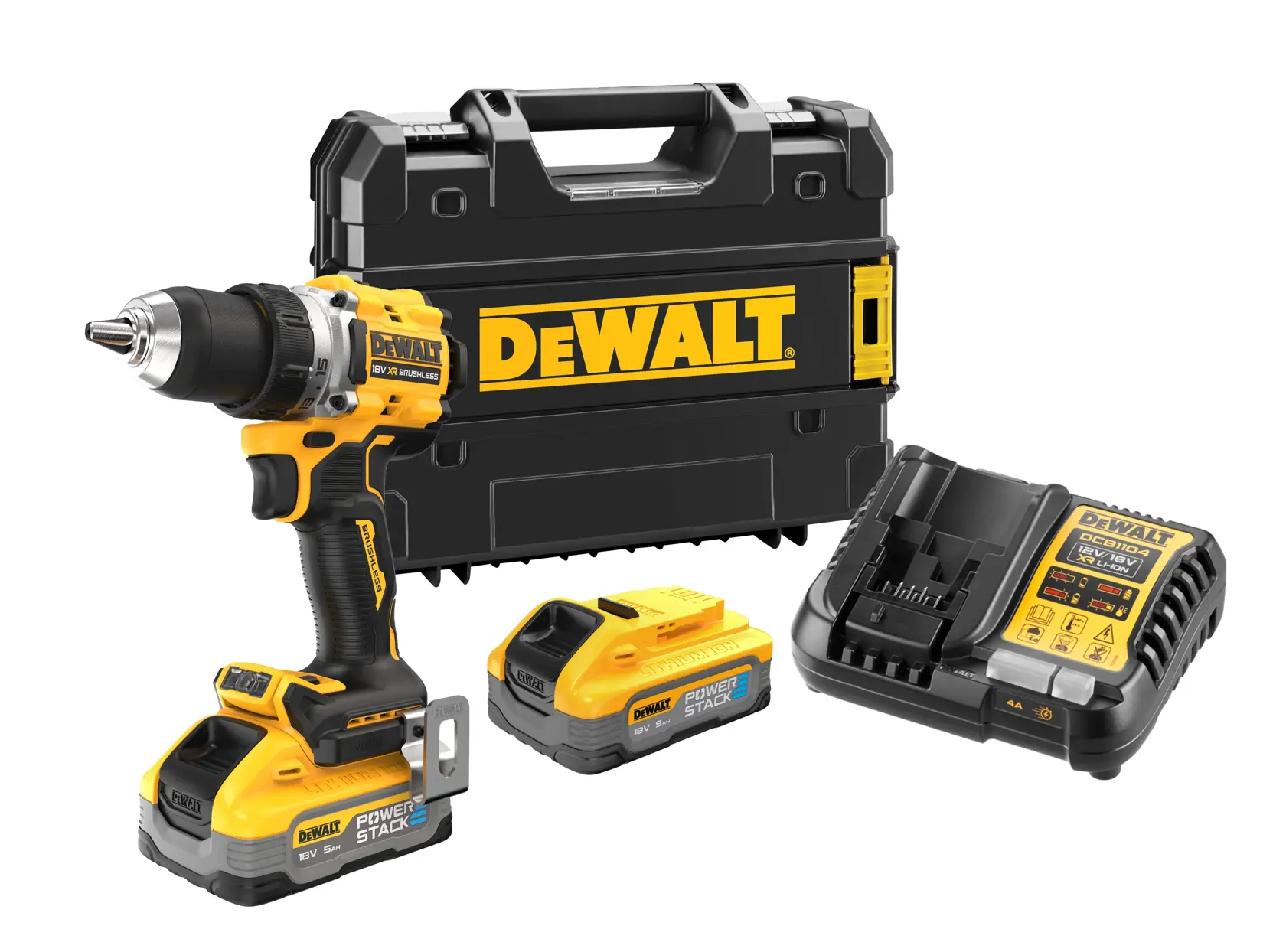 DEWALT drill kit with carry case, two batteries, and charger shown.