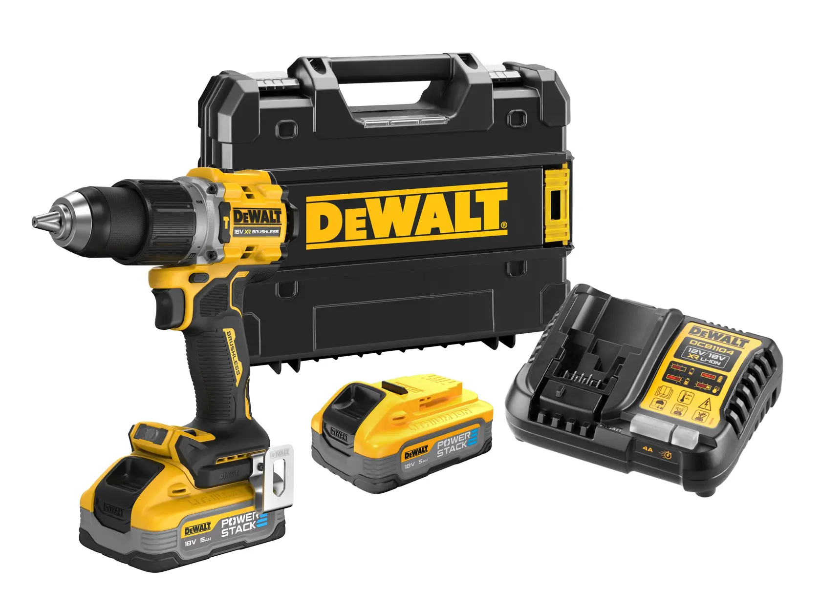 DEWALT drill kit with power tool, batteries, charger, and hard case displayed on a white background.