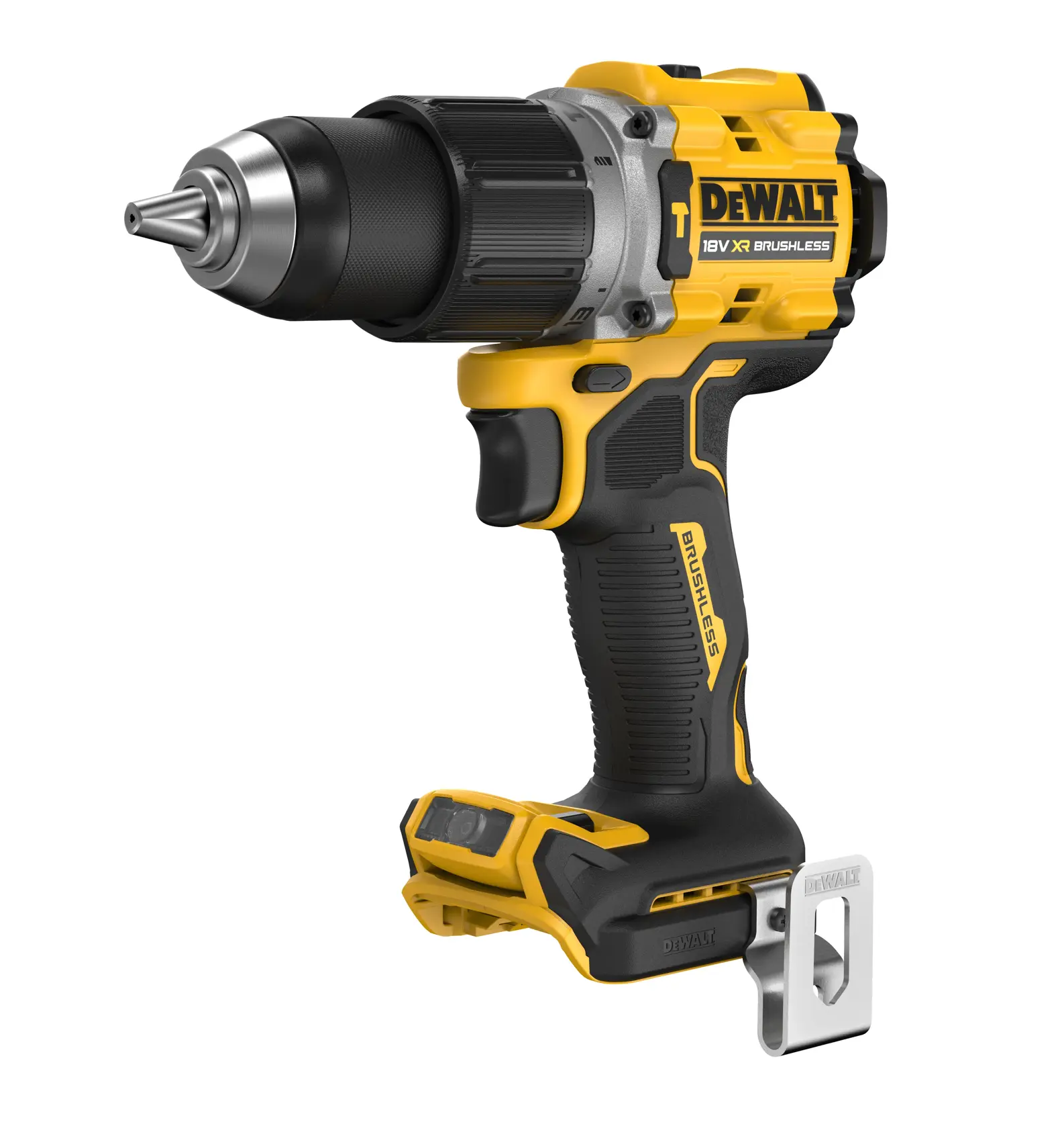 A DEWALT 18V XR Brushless cordless drill, shown in yellow and black with a metal belt clip attached, designed for professional use.