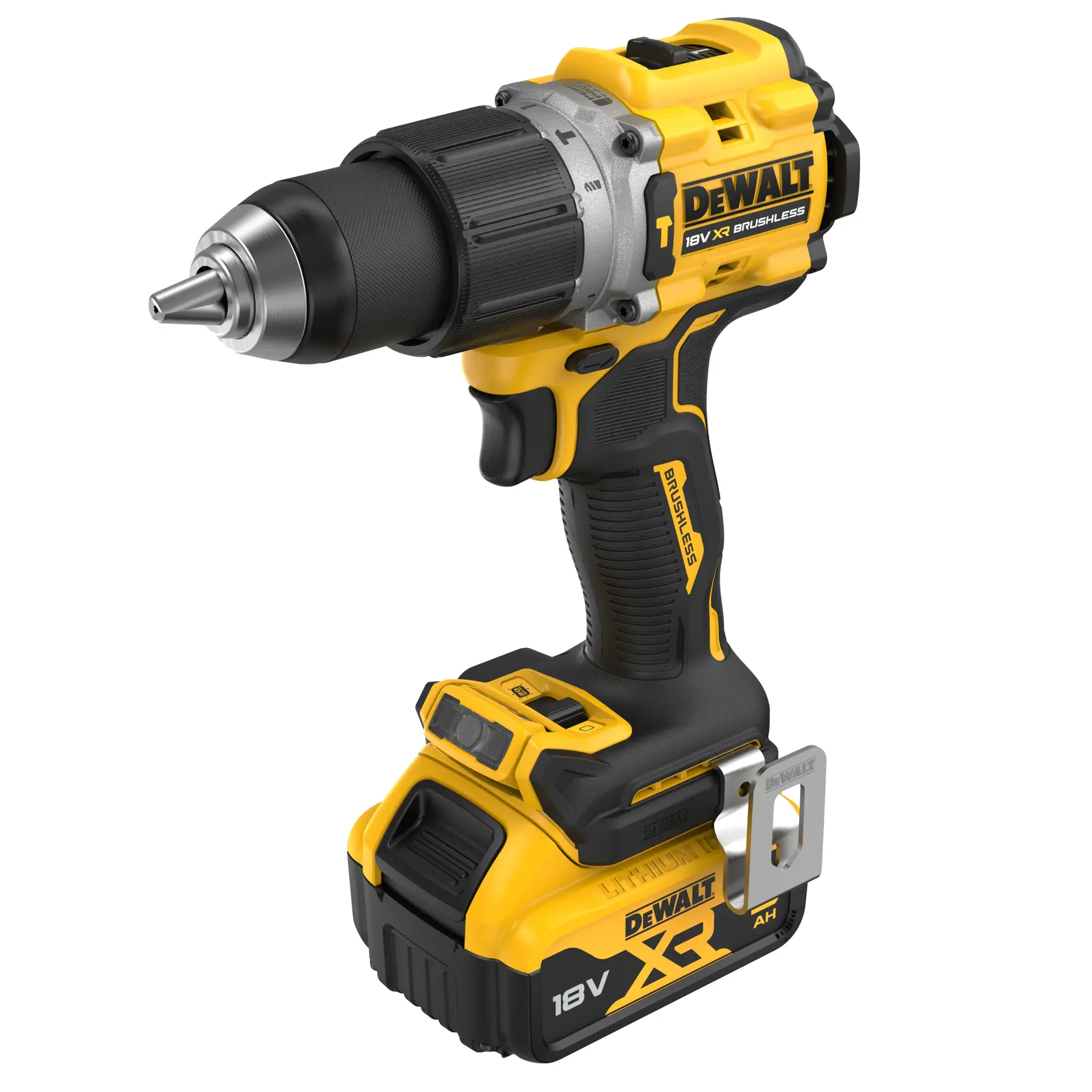 Cordless DEWALT 18V XR brushless drill with black and yellow design, shown on a white background.