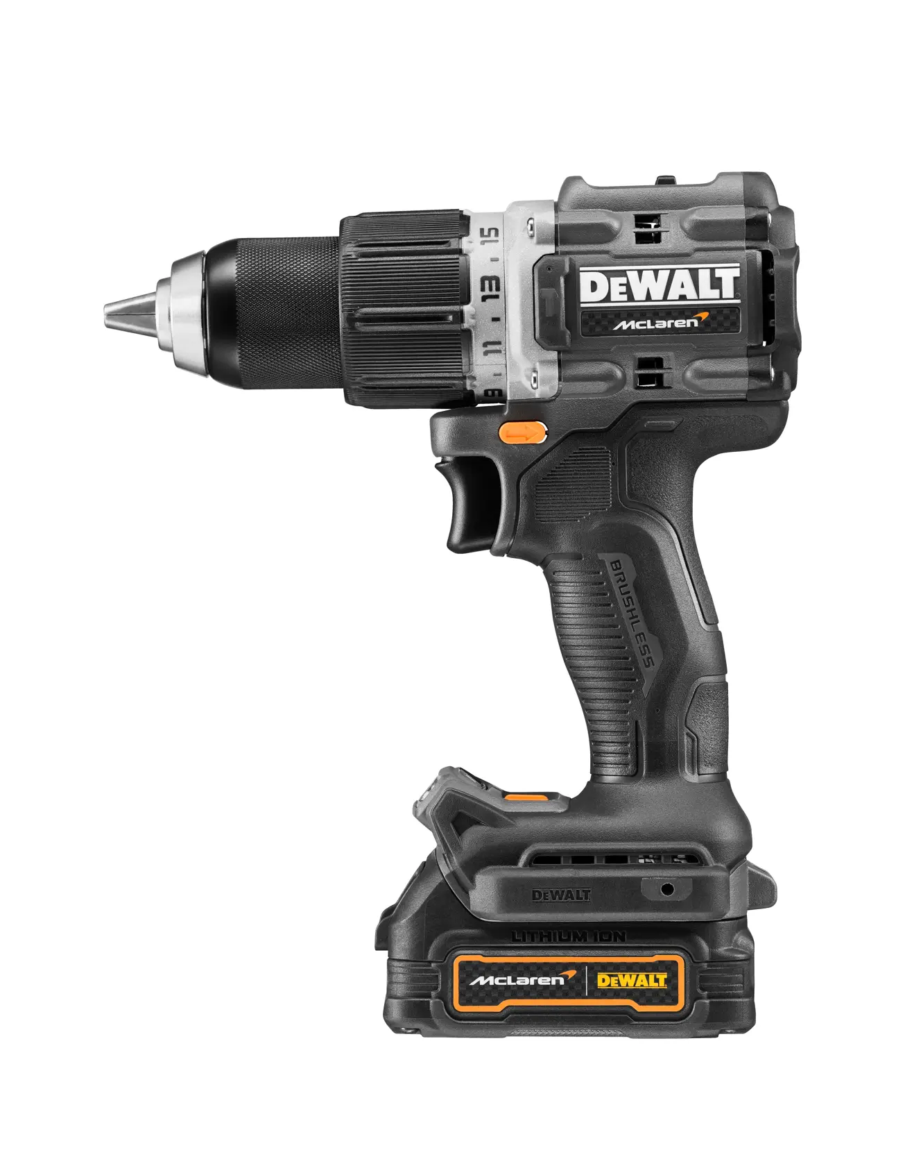 A DEWALT cordless drill with a brushless motor, part of the McLaren series. The tool features a robust handle, a lithium-ion battery, and a keyless chuck. The body is predominantly black with orange accents and DEWALT branding.