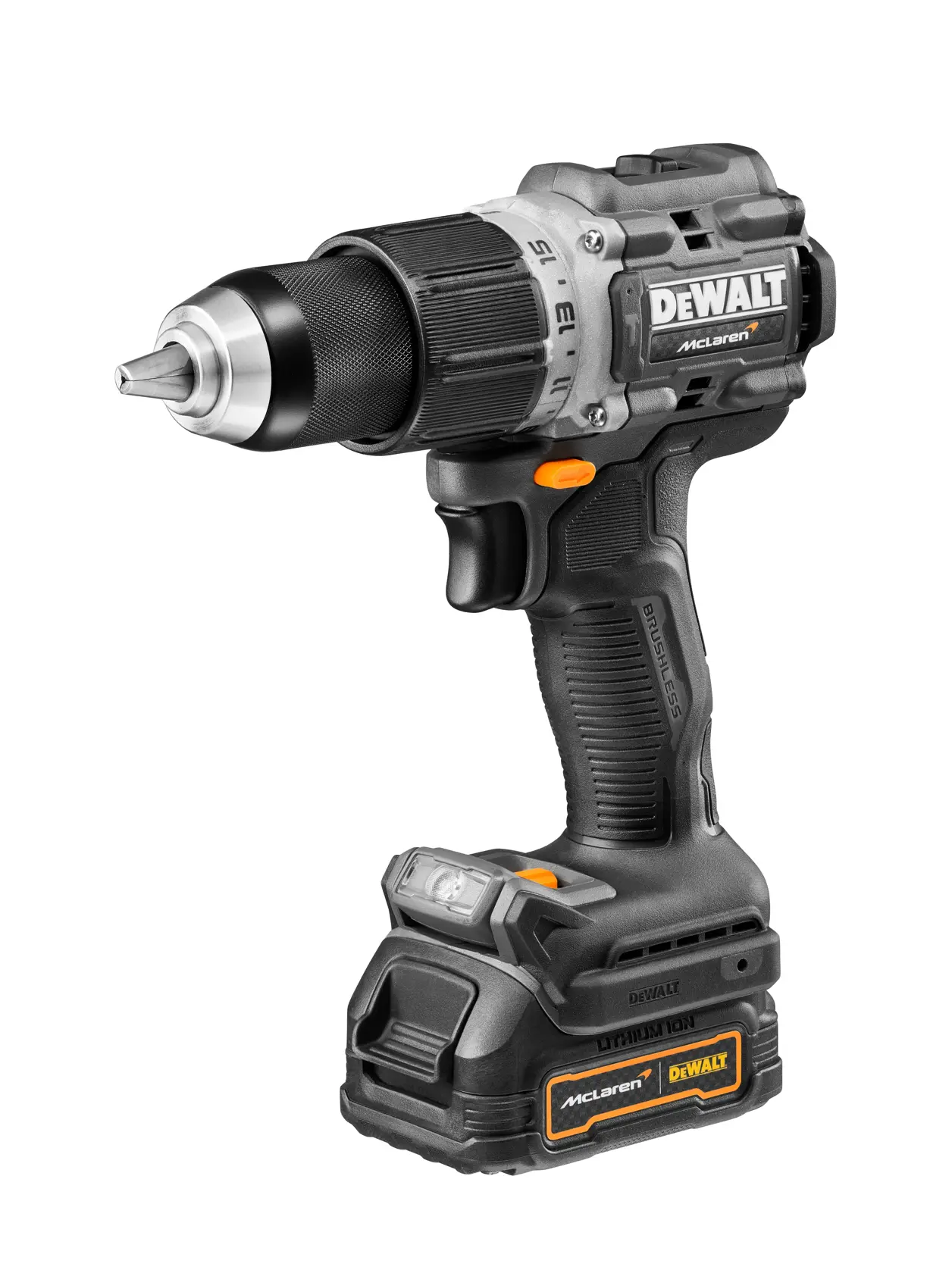 A DEWALT cordless power drill with a black and silver design, featuring a brushless motor and lithium-ion battery. The drill has orange details and is branded with 'DEWALT' and 'McLaren'.