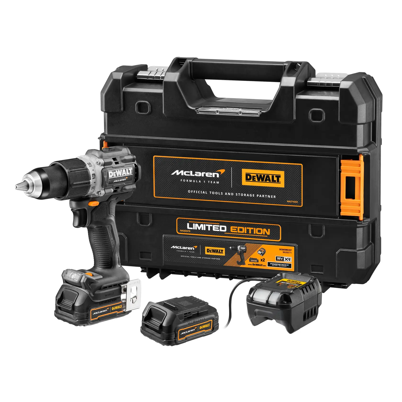 DEWALT limited edition cordless drill set with McLaren branding, includes a power drill, two batteries, a charger, and a hard carrying case.
