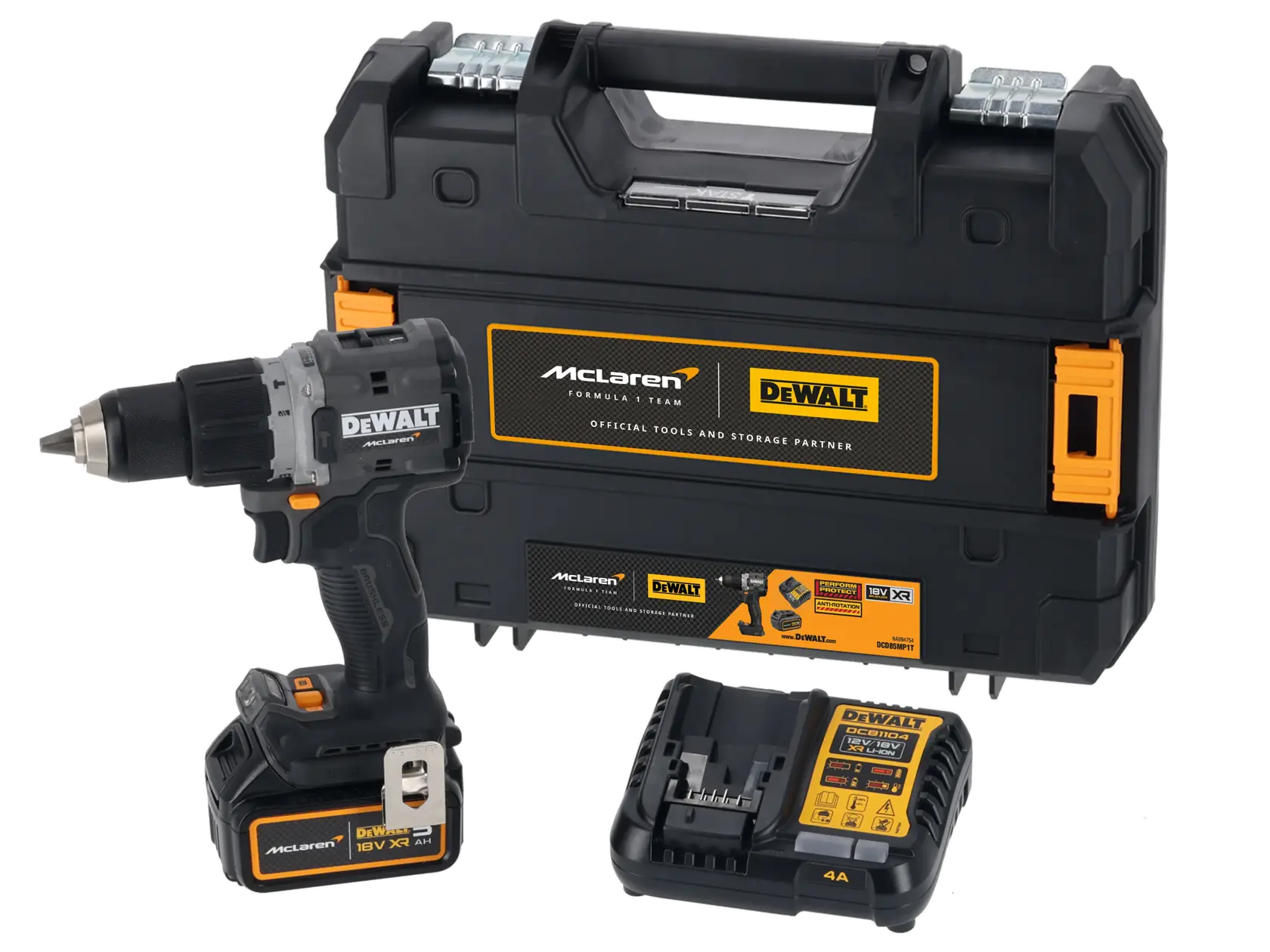 DEWALT drill set with battery, charger, and McLaren-branded storage case displayed on a white background.