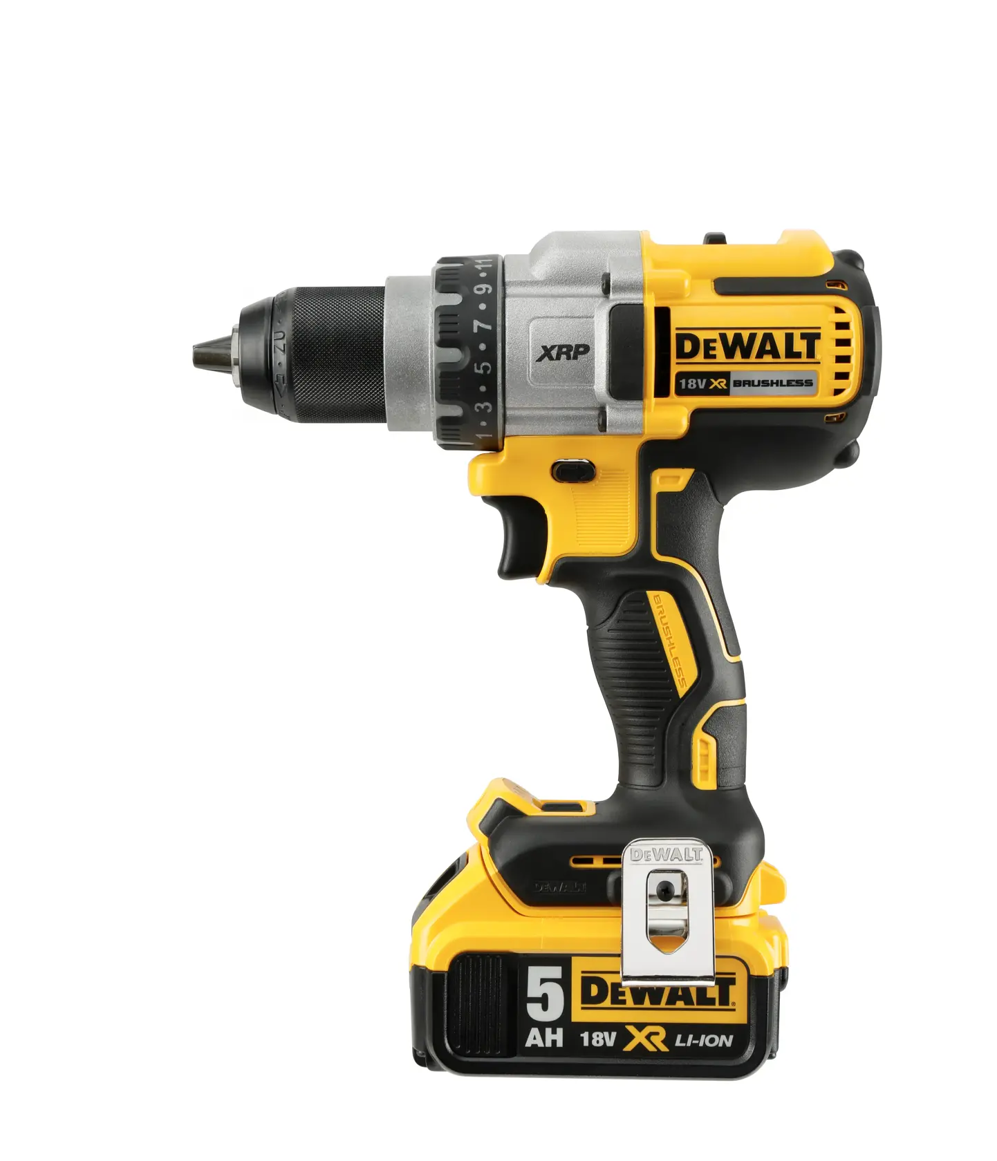 A DEWALT DCD991P2 cordless drill with yellow and black design, featuring an 18V XR Li-Ion battery pack and an ergonomic handle.