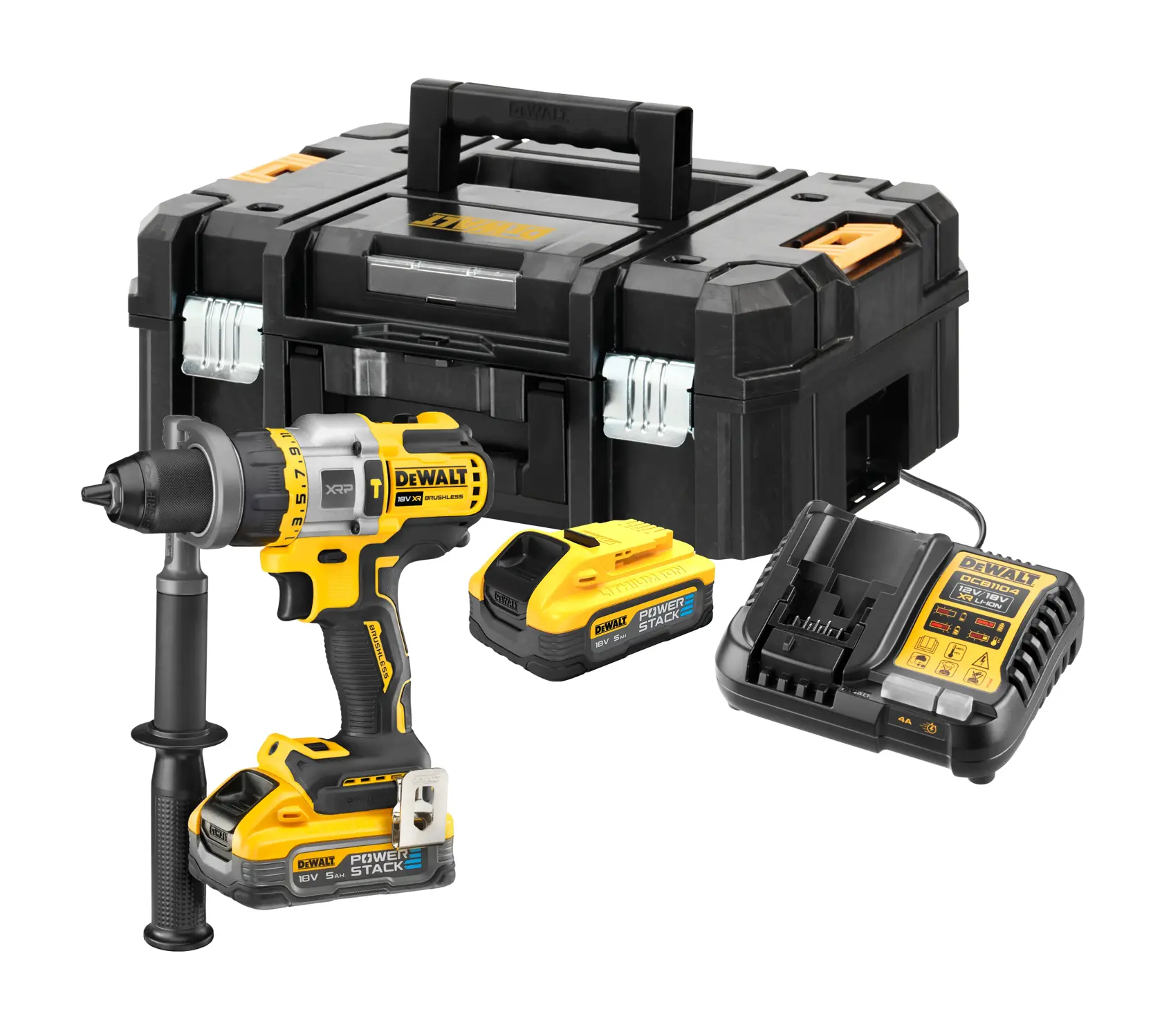 DEWALT cordless drill set including drill, two PowerStack batteries, charger, and a sturdy black tool case.