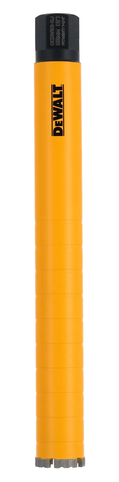Yellow cylindrical DEWALT tool component with black cap, shown vertically on a white background.