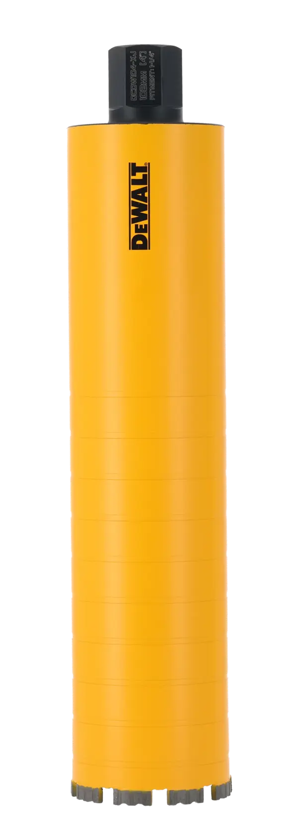 Yellow cylindrical DEWALT core drill bit with a black top and logo, standing vertically against white background.