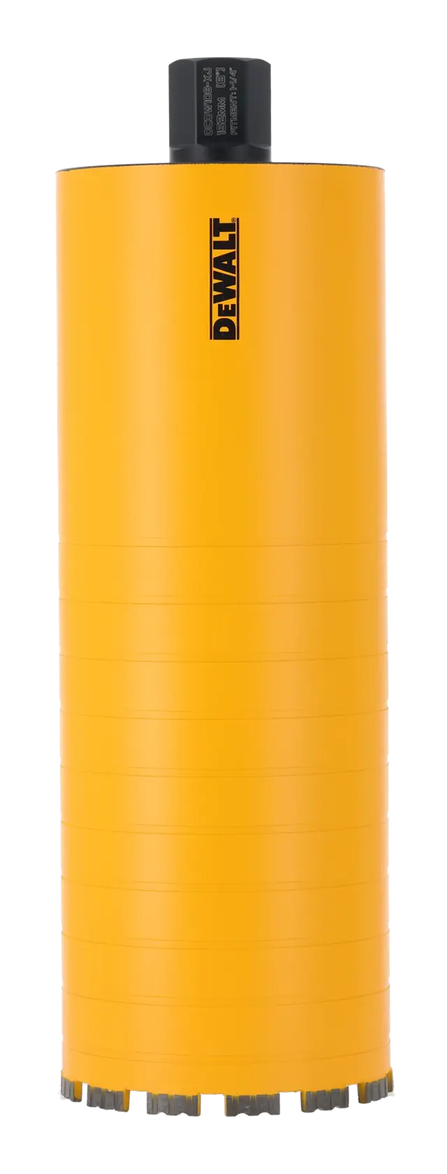 Yellow DEWALT cylindrical drill bit for core drilling, shown upright against white background.
