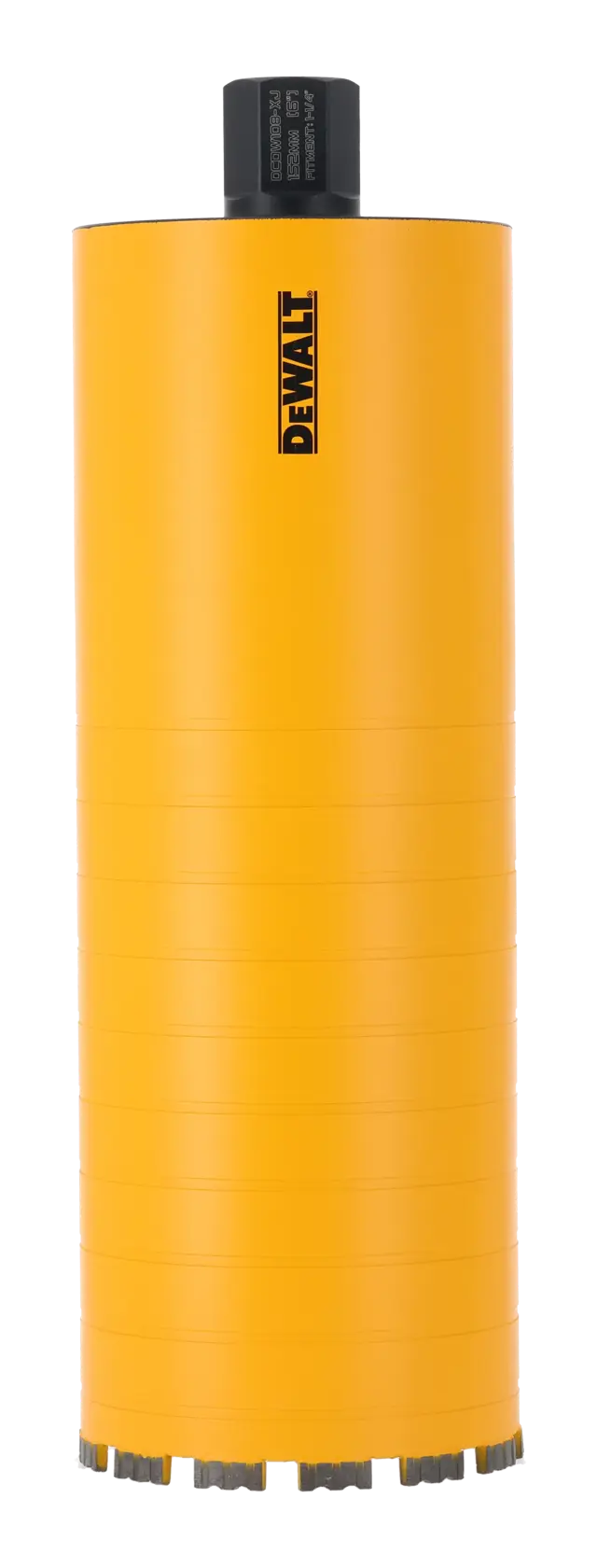 Yellow DEWALT core drill bit with cylindrical shape and segmented cutting edge, used for drilling hard materials.