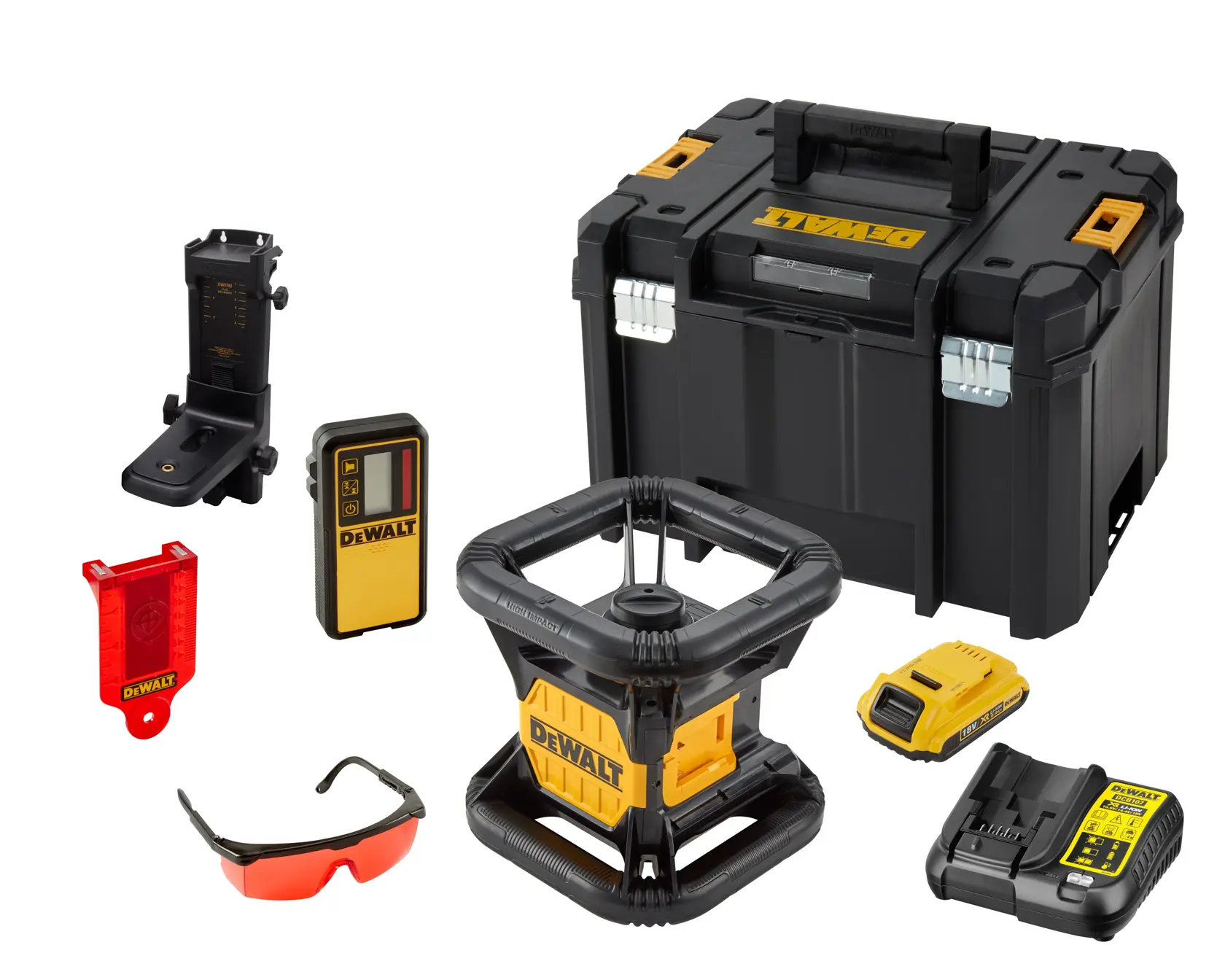 DEWALT red rotary laser kit with case, battery, charger, detector, bracket, glasses, and accessories.