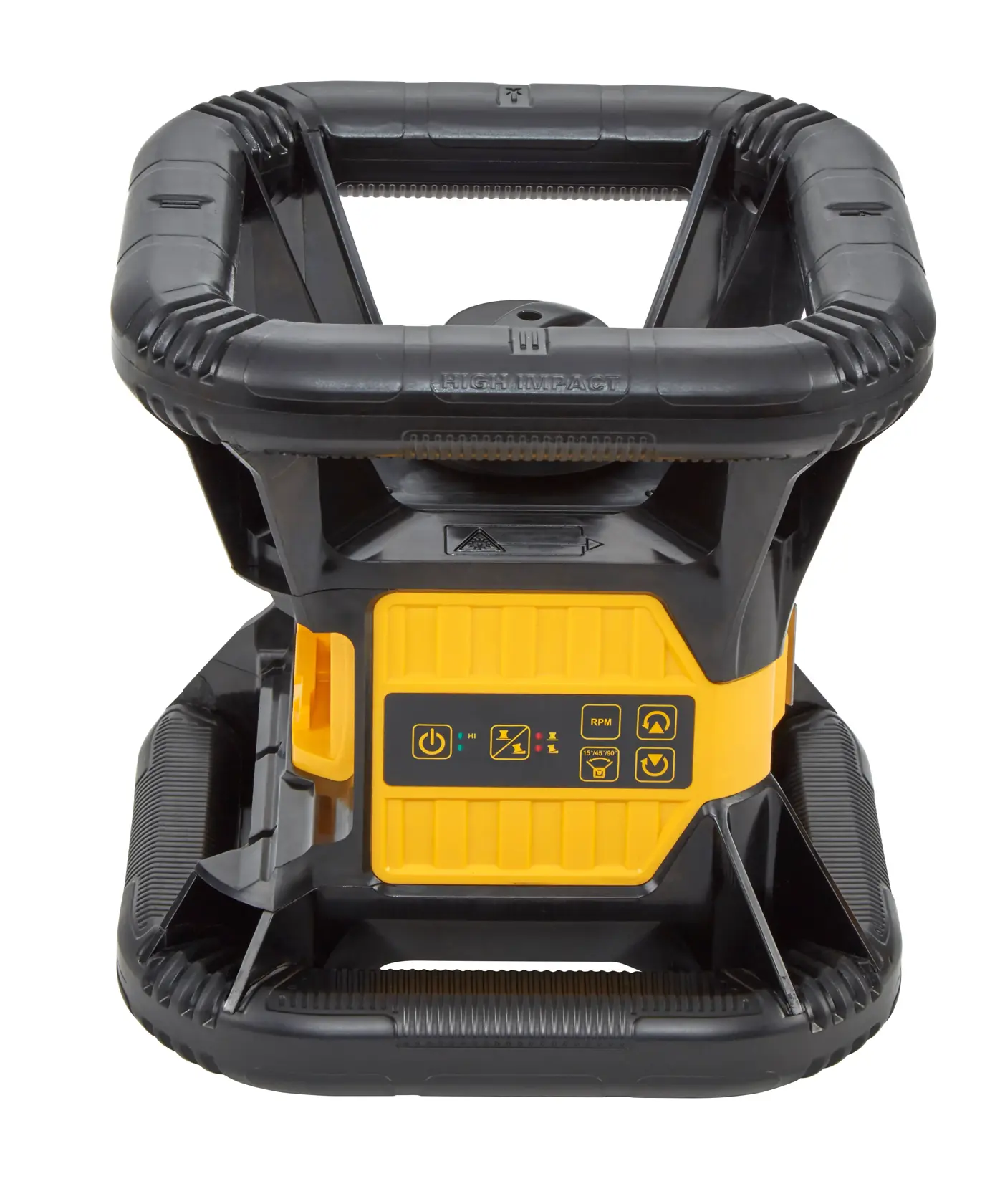 DEWALT yellow and black rotary laser device with protective frame and control panel, used in construction and surveying.