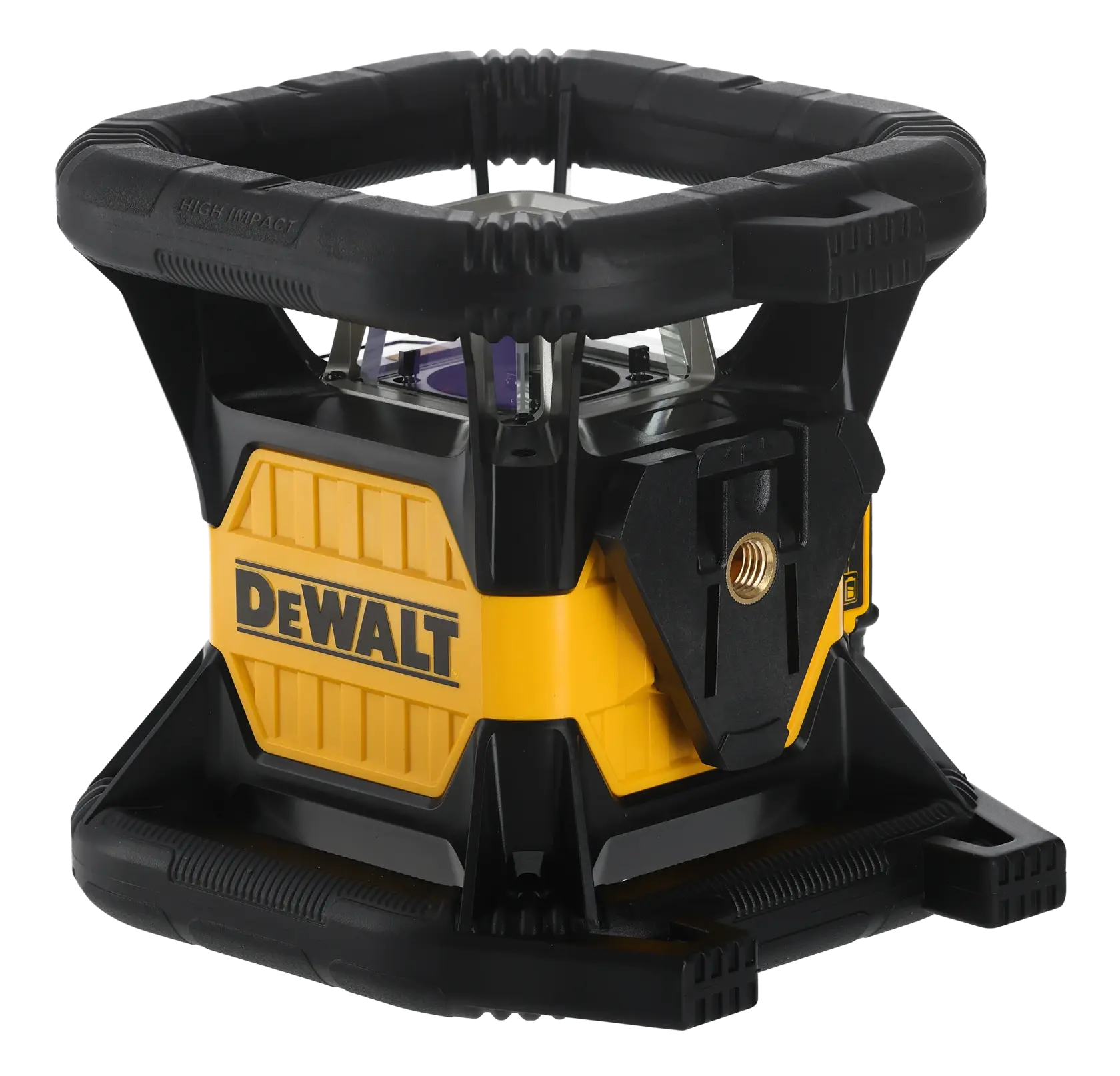DEWALT DCE079D1G photography tool, robust yellow and black design, tripod mount visible, high-impact protection.