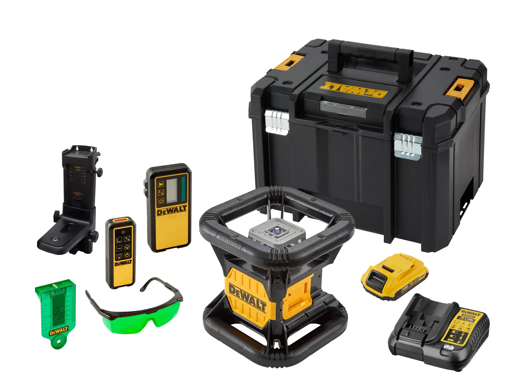 DEWALT laser level kit DCE079D1G with accessories, including a black and yellow laser device, a black carrying case, green tinted safety glasses, a wall mount, two remote controls, a target plate, a battery, and a charger, all arranged on a white background.