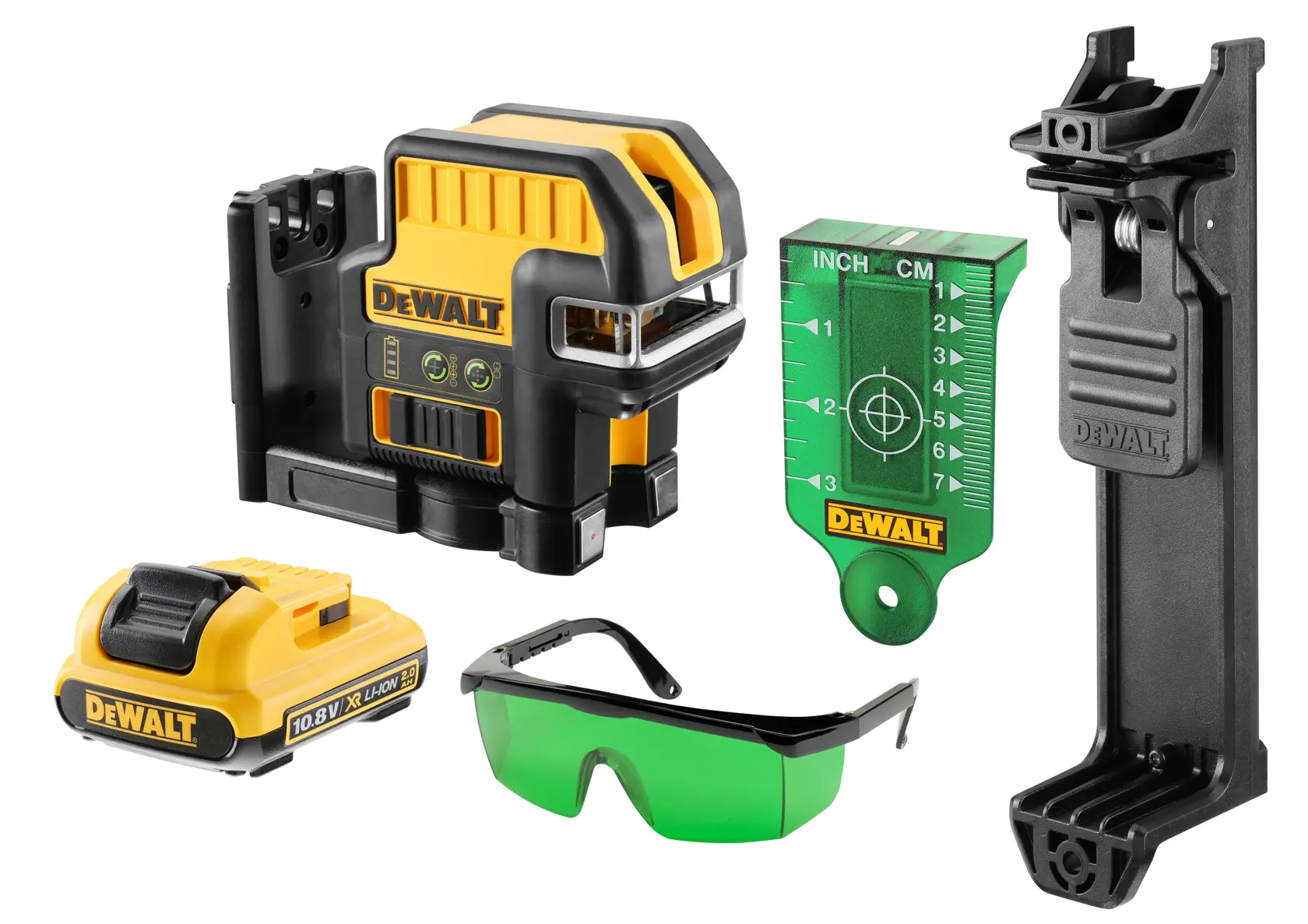 DEWALT DCE0825D1G photography kit featuring a yellow and black laser level, green target plate, mounting bracket, rechargeable battery, and green safety glasses, all arranged on a white background.