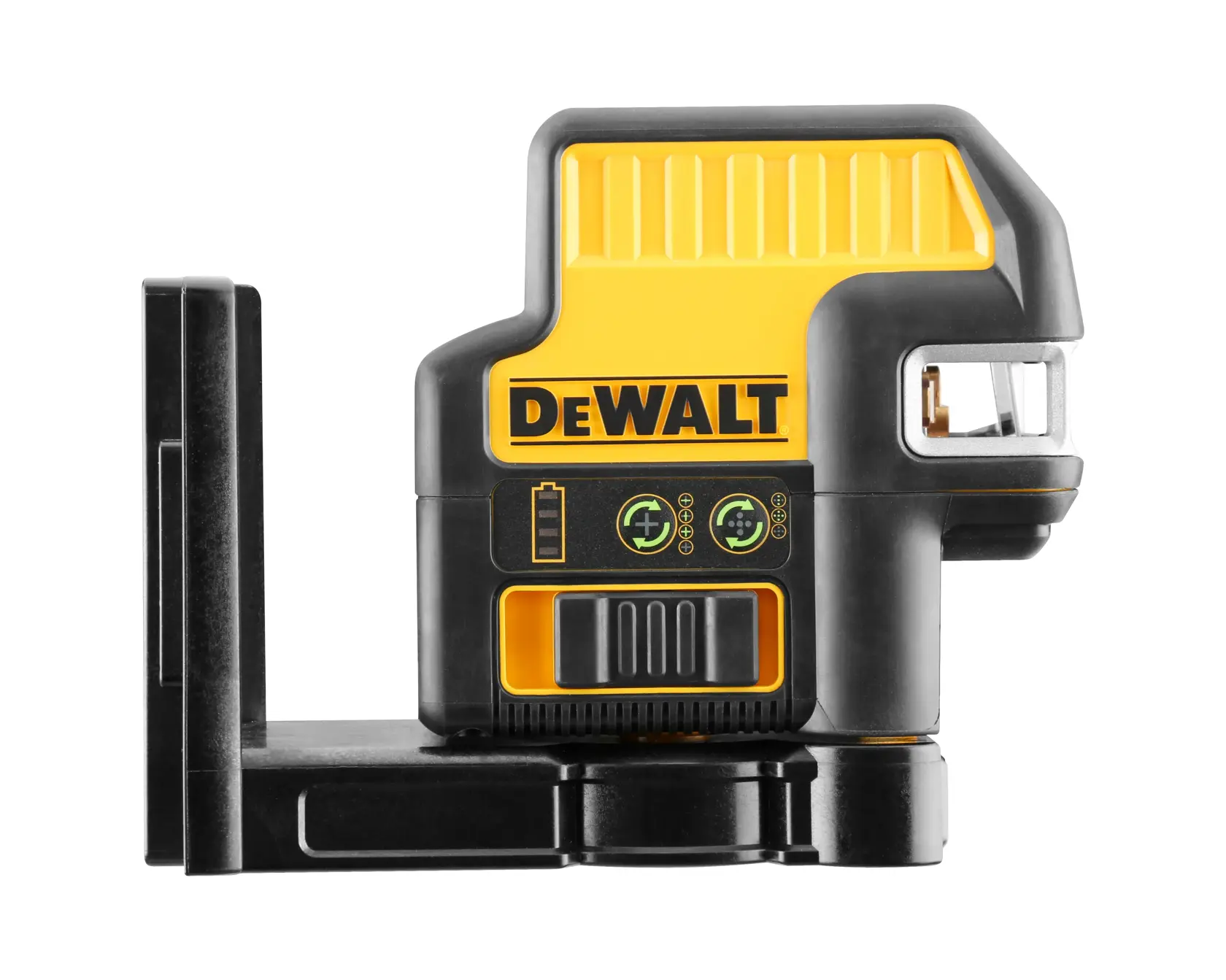 A DEWALT branded yellow and black electronic laser level tool, mounted on a black base, designed for precise measuring and alignment tasks.