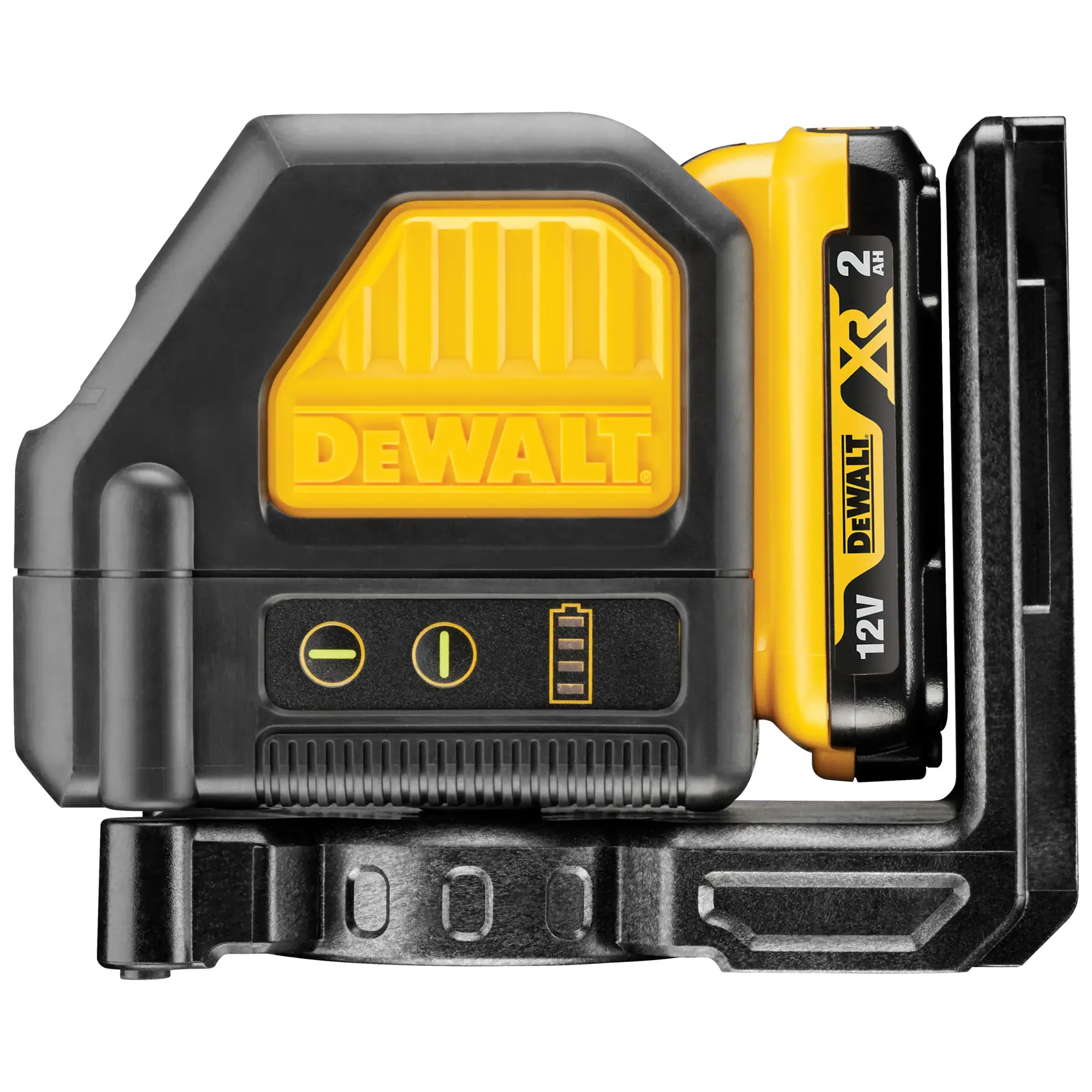 DEWALT 12V XR cross line laser level with battery, black and yellow, side view.