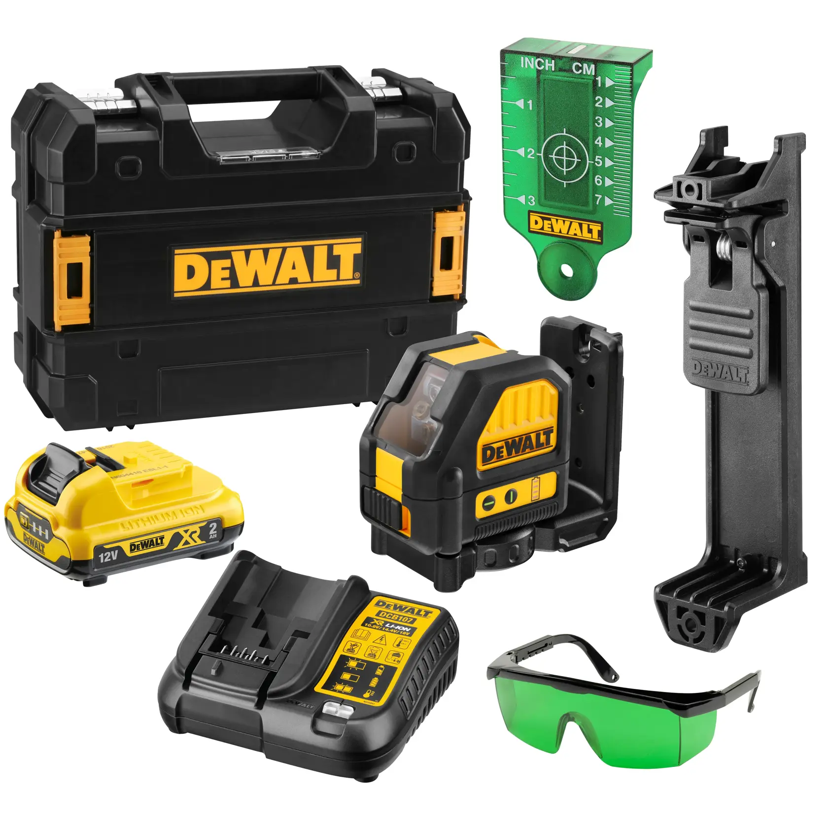 DEWALT laser level kit with a black and yellow carrying case, green target plate, wall mount bracket, rechargeable battery, battery charger, green safety glasses, and a black and yellow laser level device.