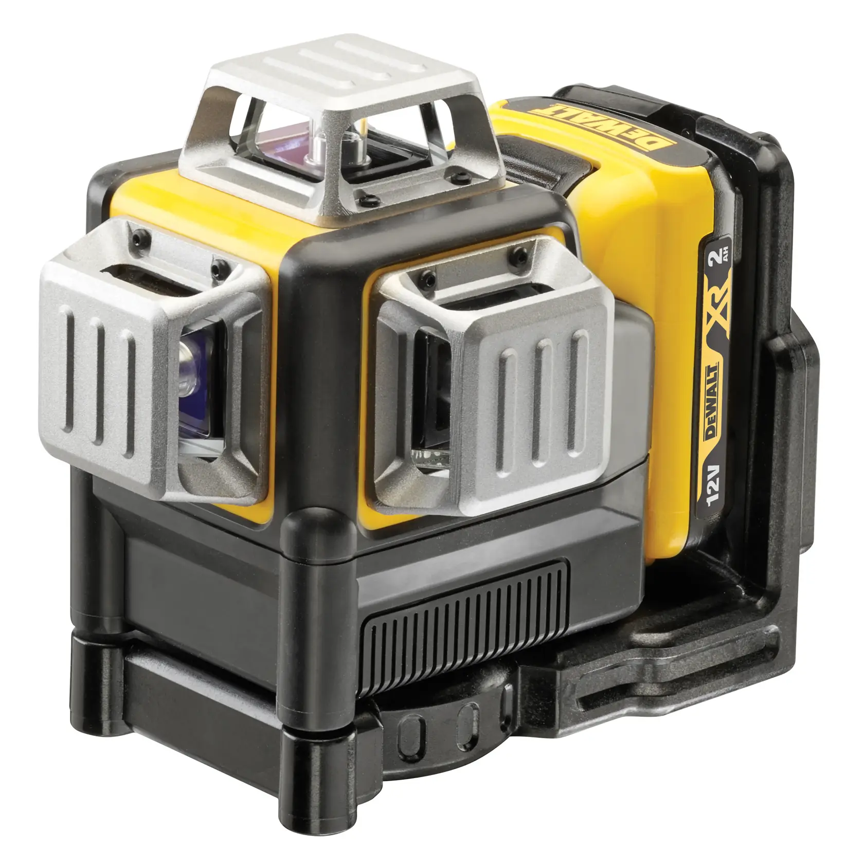 DEWALT DCE089D1G-GB laser level device with yellow and black casing and protective metal housing.