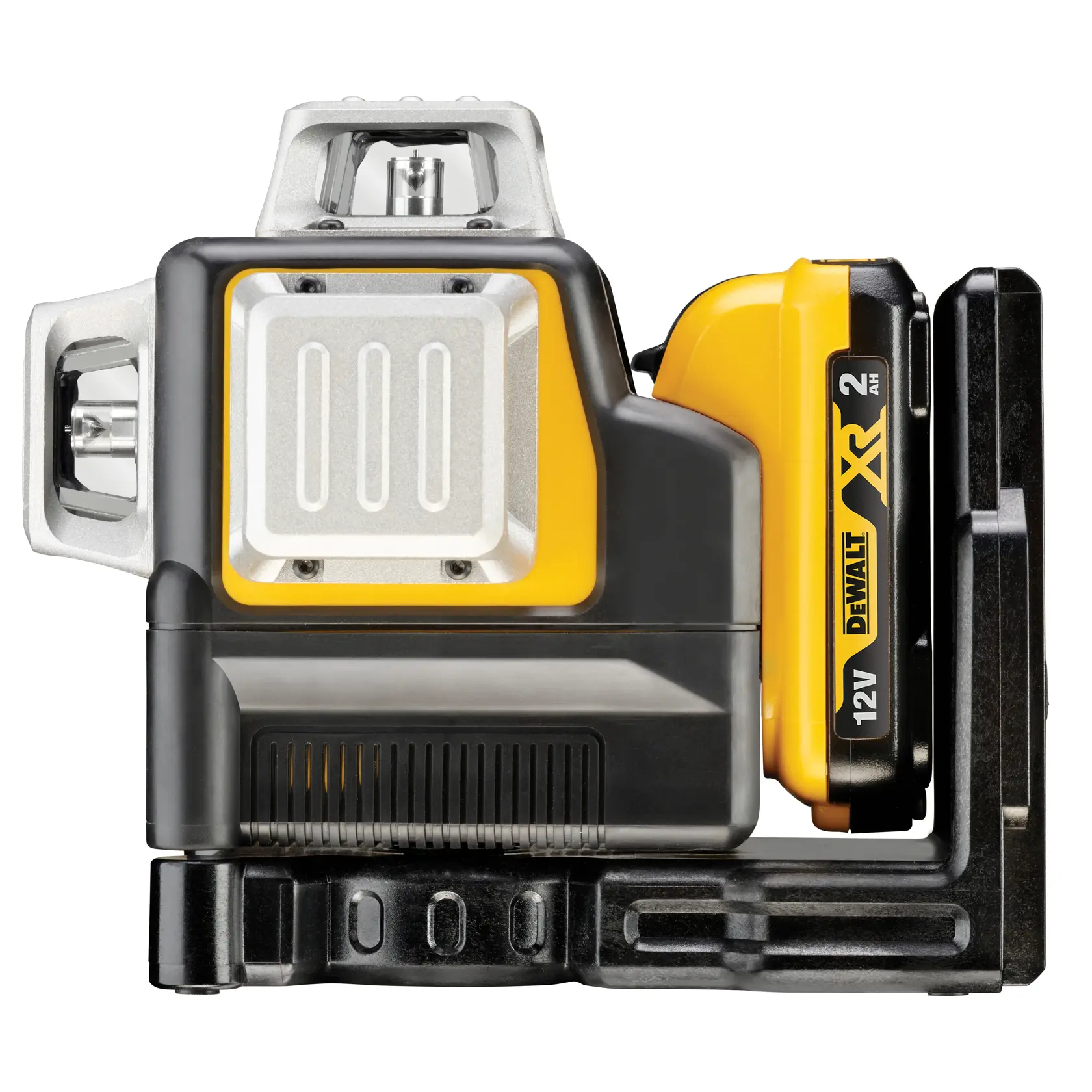 Side view of a DEWALT 12V XR laser level, black and yellow, with visible battery compartment.
