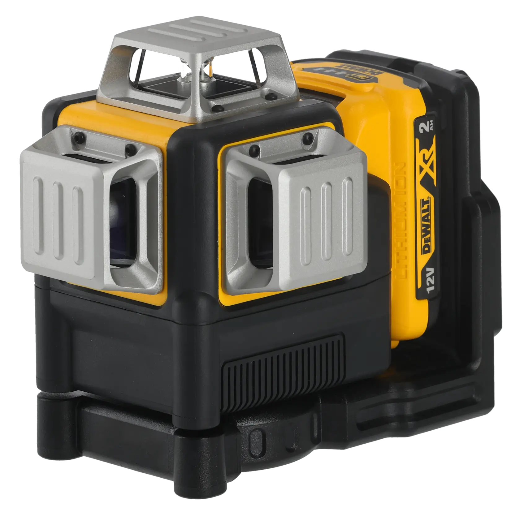 DEWALT DCE089D1G 12V green laser level with three laser windows, rugged yellow-black casing, rechargeable battery.