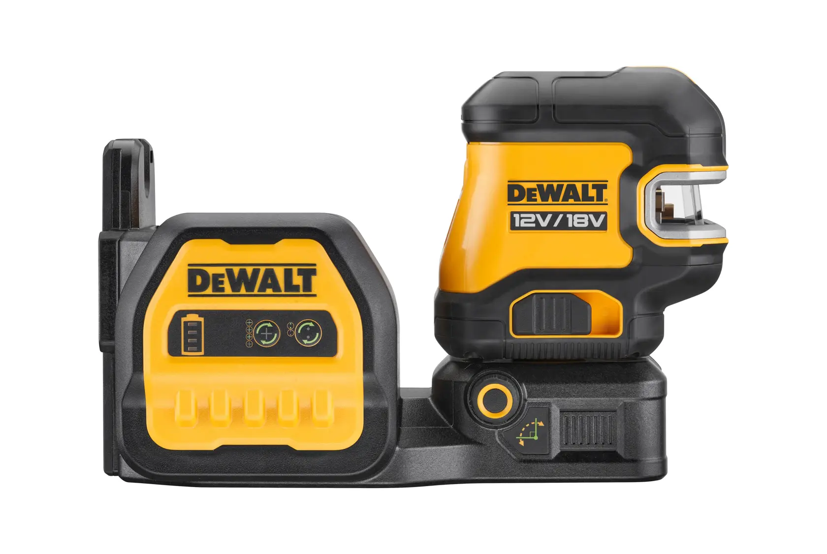 DEWALT 12V/18V yellow and black laser level device with battery indicator and control panel.