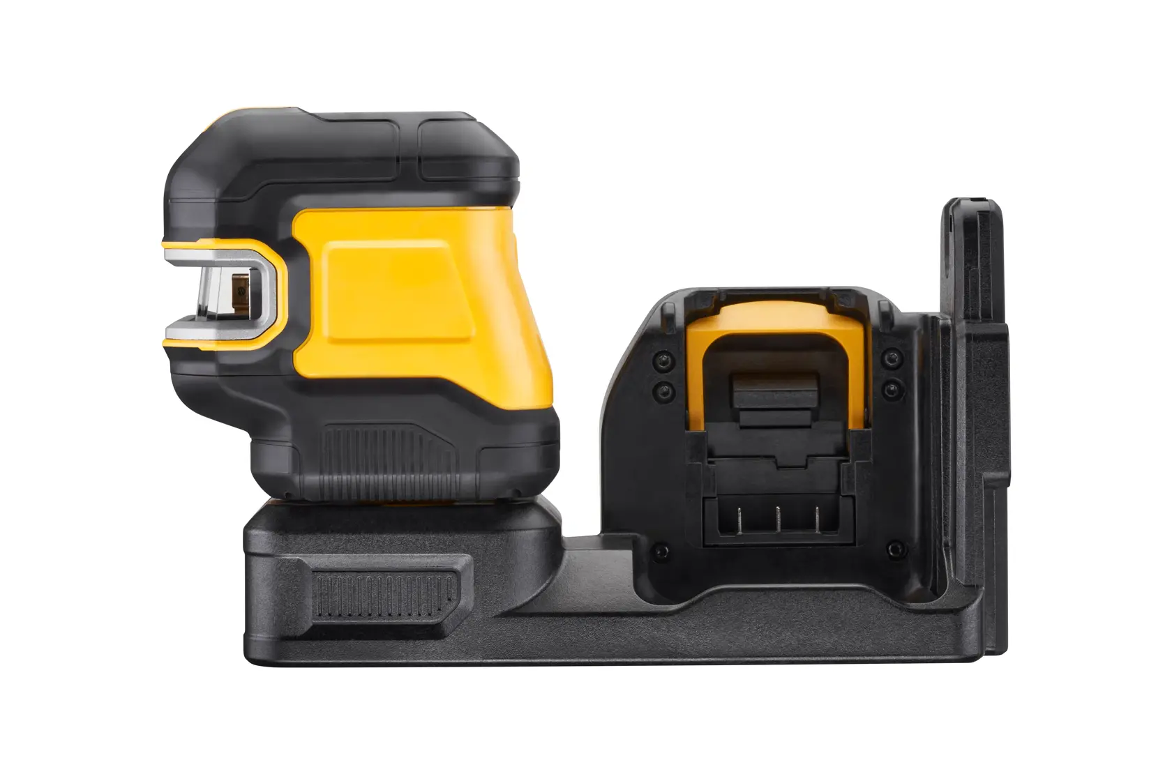 DEWALT yellow and black laser level device on a mounting base, shown from the side.