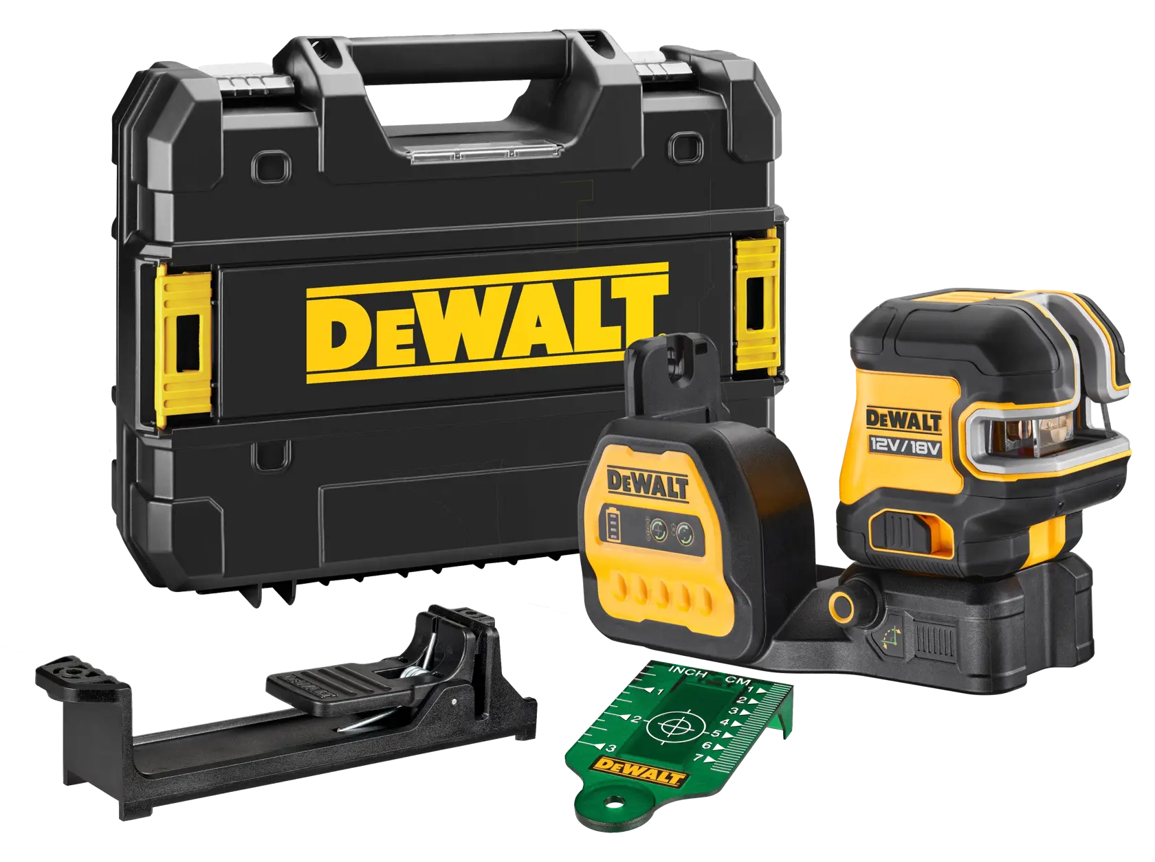DEWALT laser level kit with black carrying case, laser tool, target plate, and mounting bracket shown.