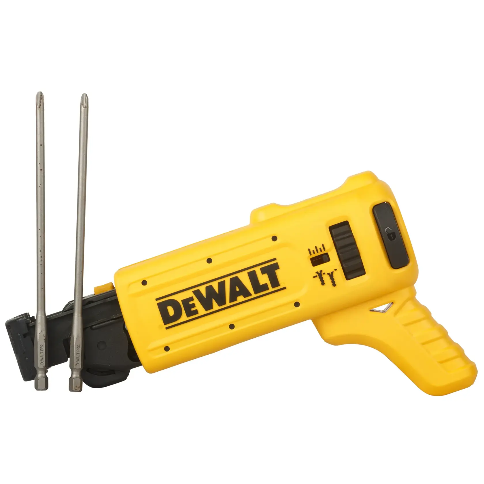 DEWALT DCF6201-XJ yellow screw gun attachment for drywall, with two metal rods and black connector.