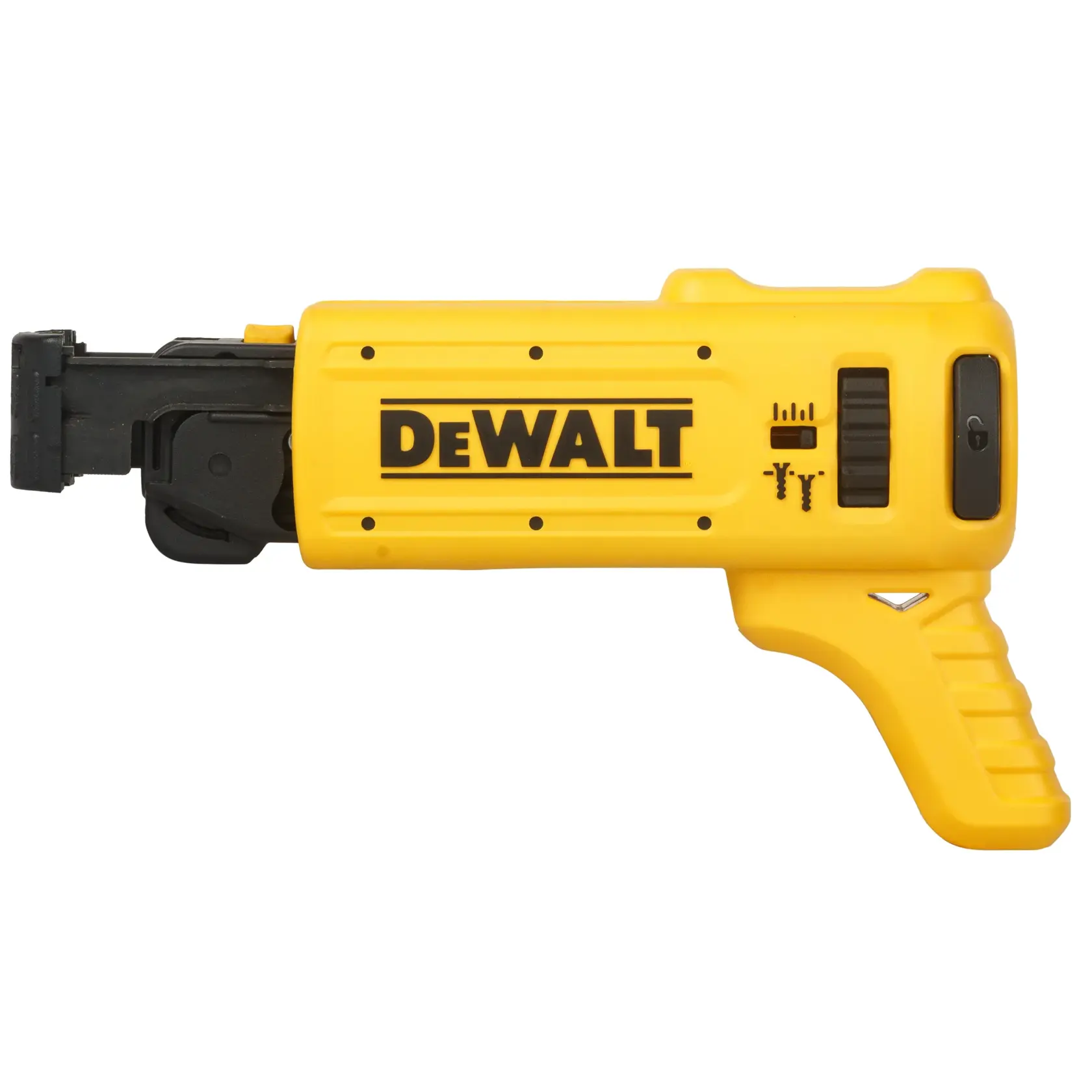 Yellow DEWALT screw magazine attachment for power tools, model DCF6201-XJ, shown on white background.