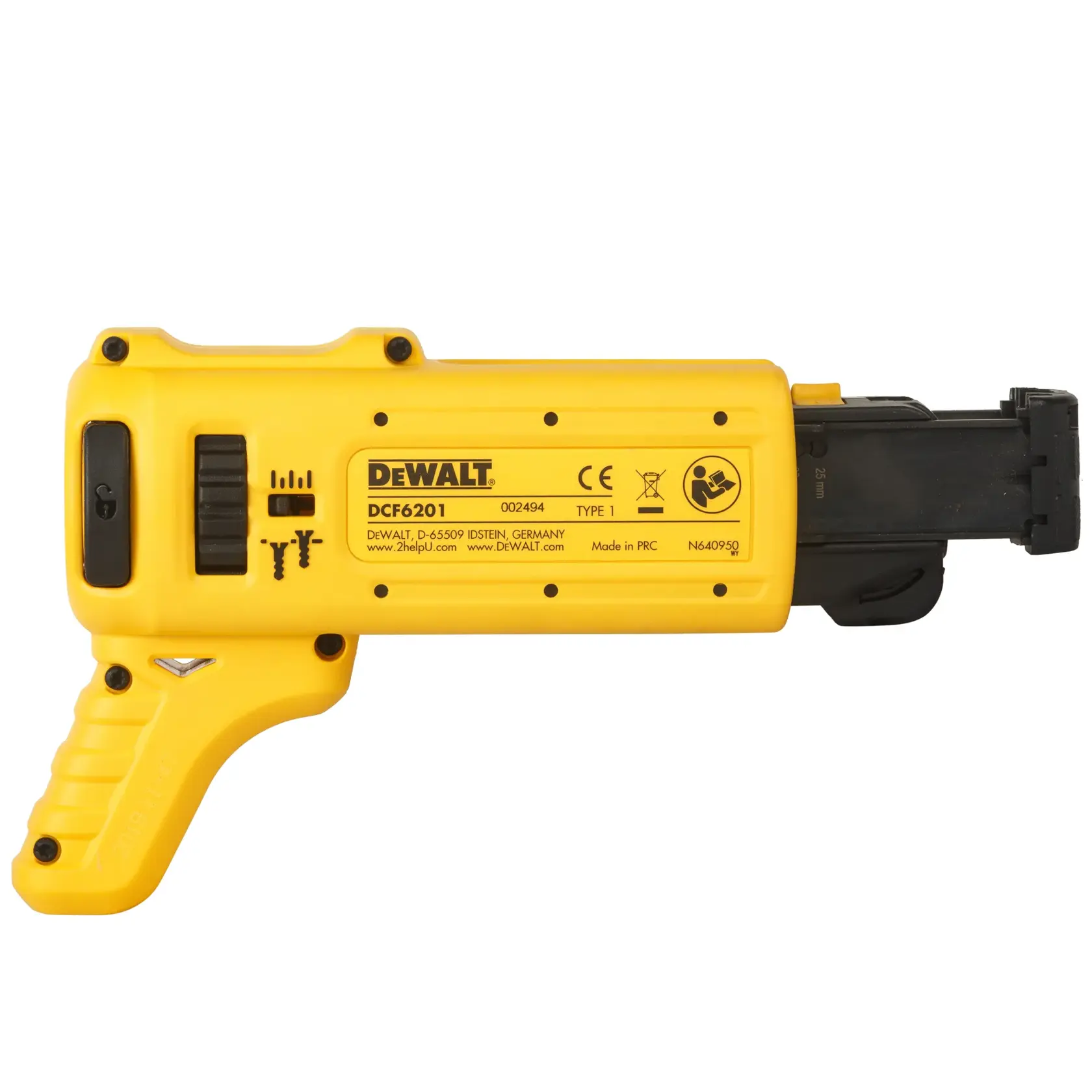 DEWALT DCF6201-XJ yellow drywall screw gun attachment with labeled buttons, shown from the side.