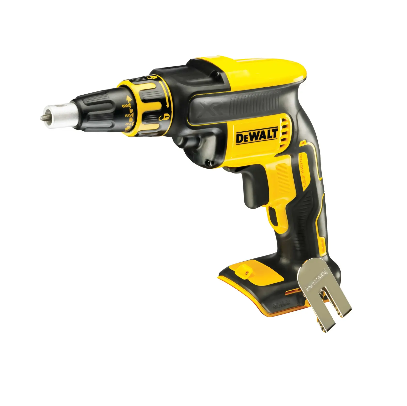 Photo of DEWALT cordless screw gun, SKUs DCF620N, DCF620N-XJ, black and yellow side view, white background.