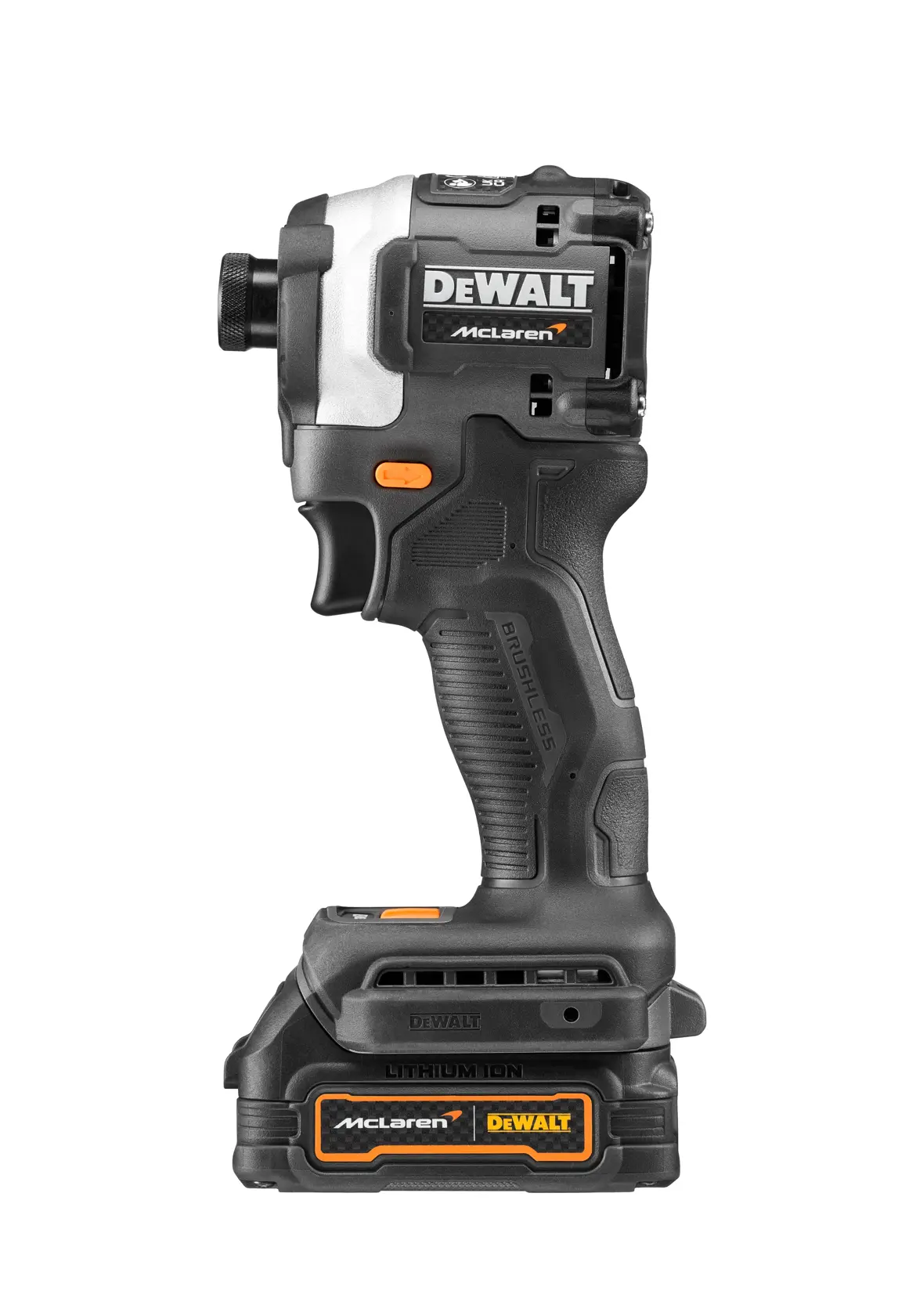 A DEWALT McLaren edition cordless impact driver with a black and silver body, orange accents, and a lithium-ion battery, shown against a white background.