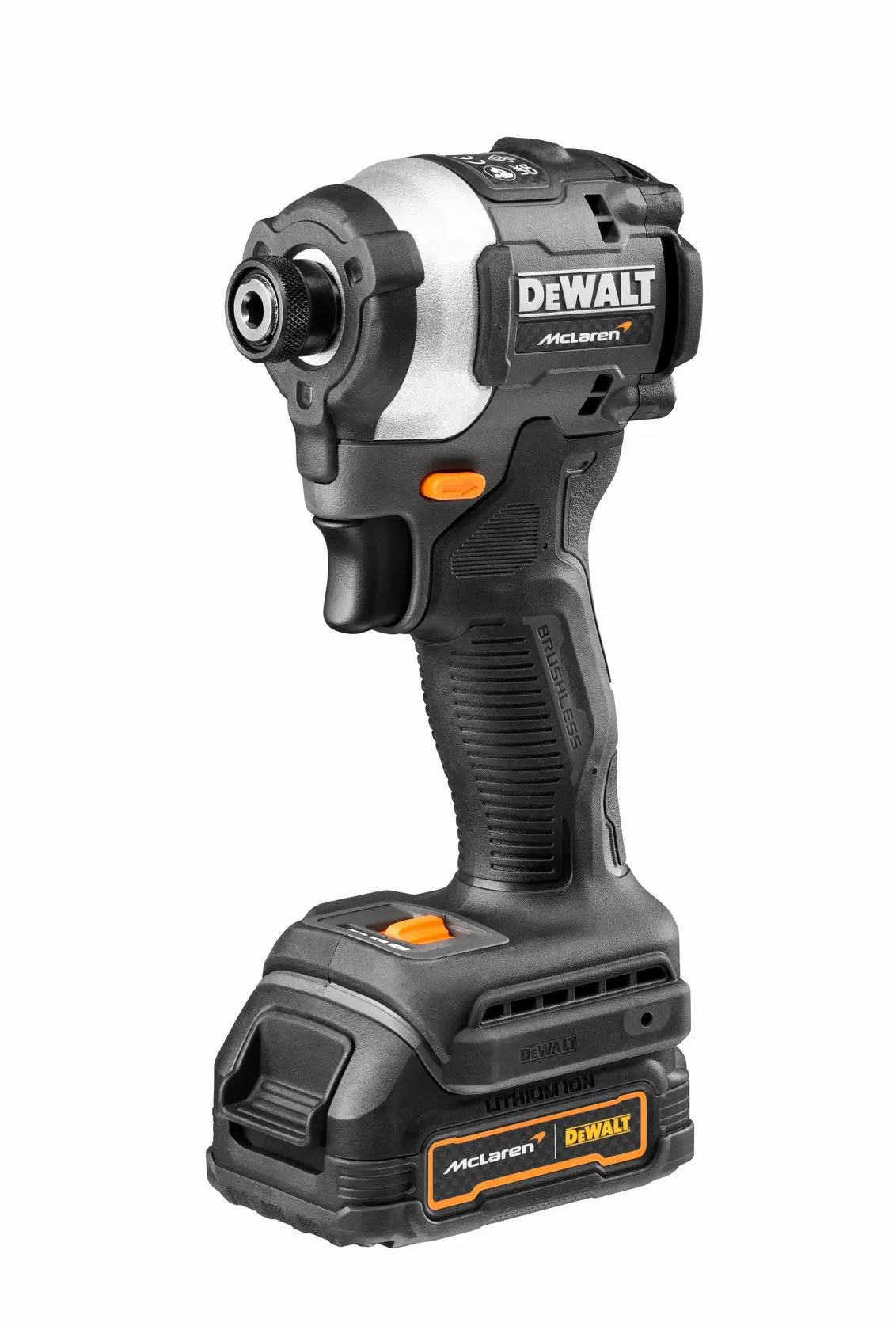 A DEWALT cordless impact driver with McLaren branding, featuring a black and silver body, ergonomic grip, and lithium-ion battery on the base.